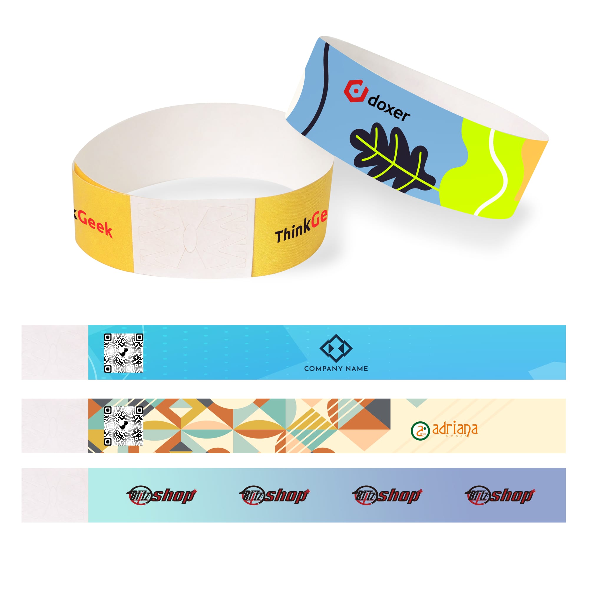 A collection of 25mm wide disposable full colour Tyvek wristbands in various designs and colours, featuring logos. 25mm Width Disposable Full Colour Tyvek Wristband - Image 1