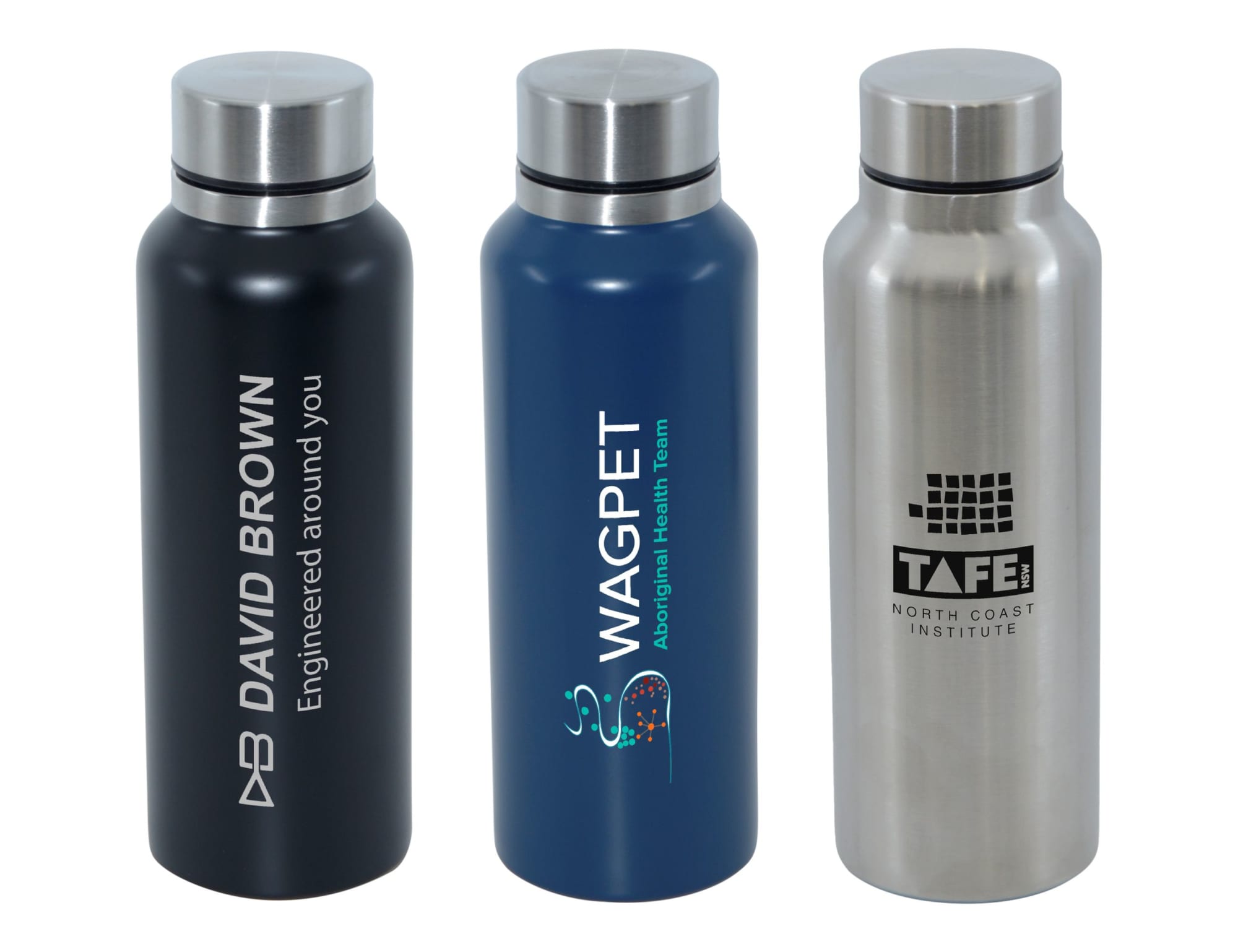 A drink bottle collection featuring a black, a navy blue, and a stainless steel option, each with a logo. Parisian 750ml Stainless Steel Bottle - Image 1