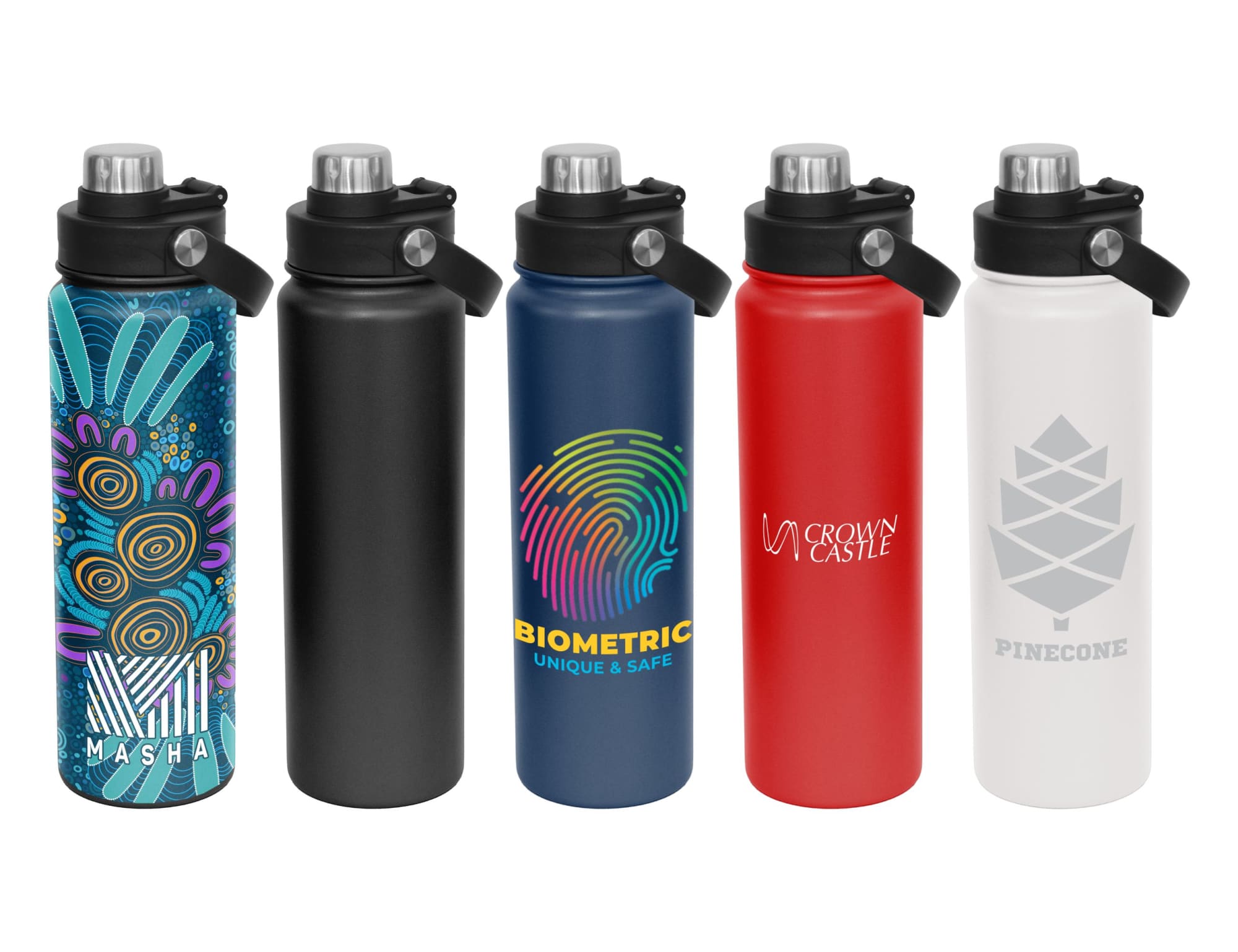 A drink bottle collection featuring five styles: colourful patterned, black, blue, red, and white, each with a screw cap and logo. Montana 800ml Vacuum Screw Cap Bottle - Image 1