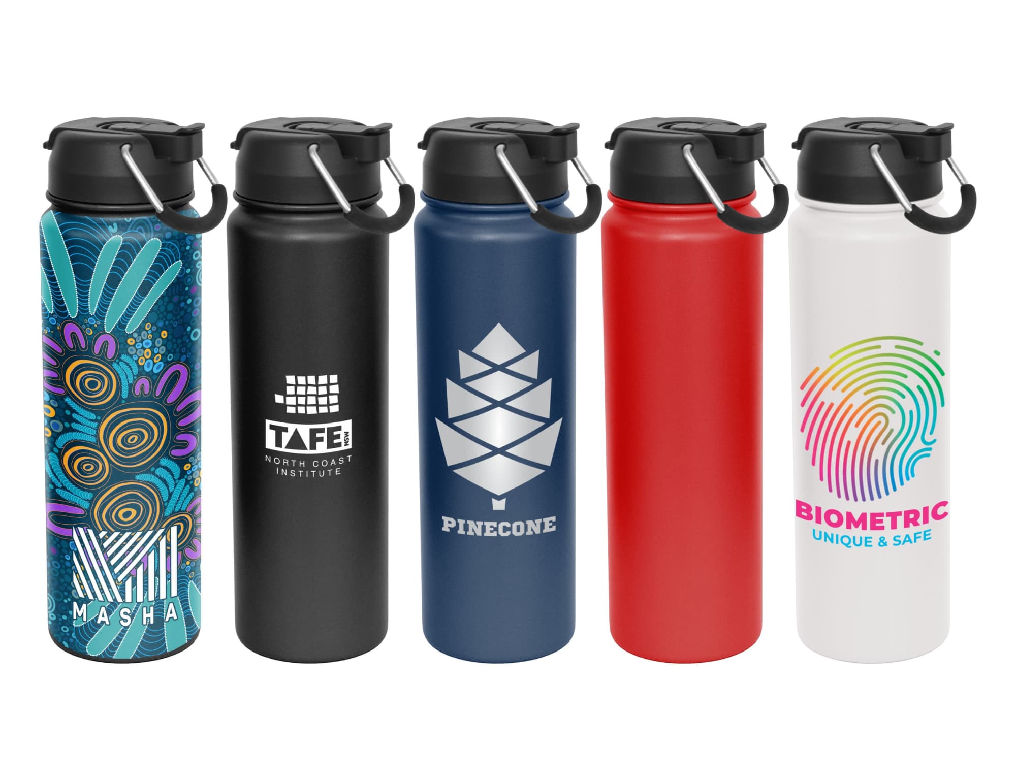 A drink bottle collection featuring a vibrant design, black, red, and white options, all with lids and logos. Memphis 800ml Vacuum Combo Lid Bottle - Image 1