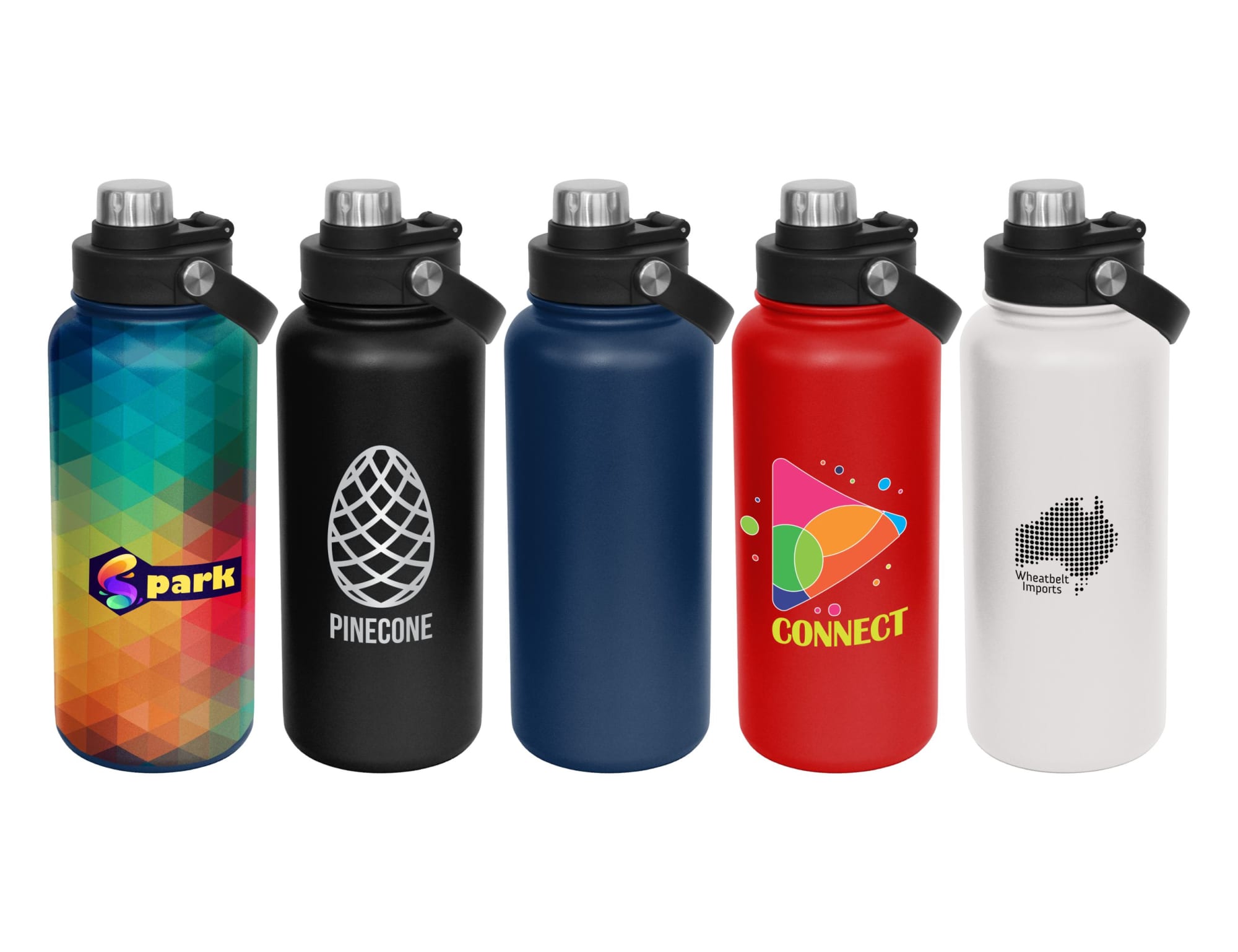 A drink bottle collection featuring various colours: blue, black, red, white, and a multi-coloured pattern, each with a screw cap. Sumo 1lt Vacuum Screw Cap Bottle - Image 1