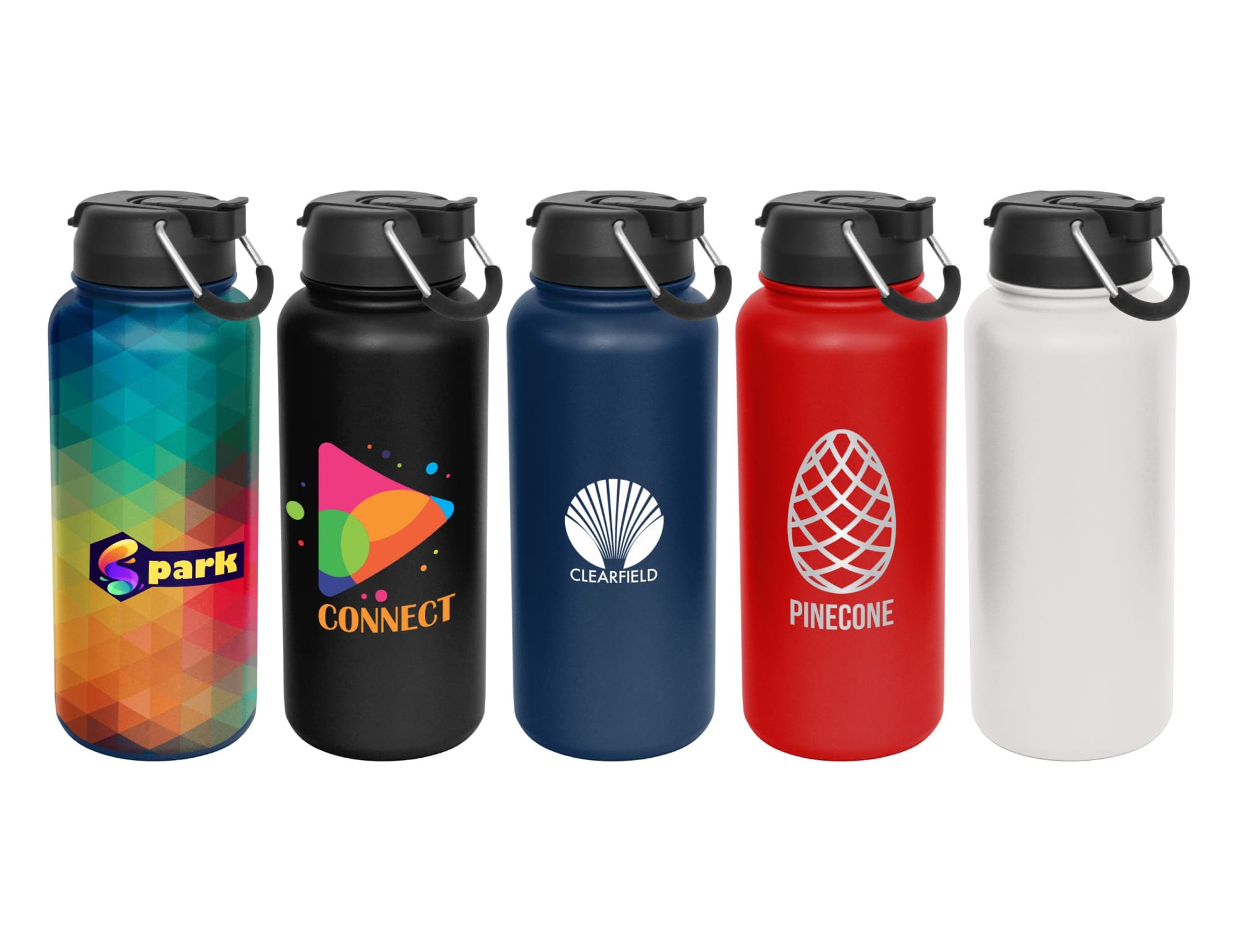 A drink bottle collection featuring colourful designs in black, navy, red, white, and a patterned option, each with a logo. Springfield 1lt Vacuum Combo Lid Bottle - Image 1