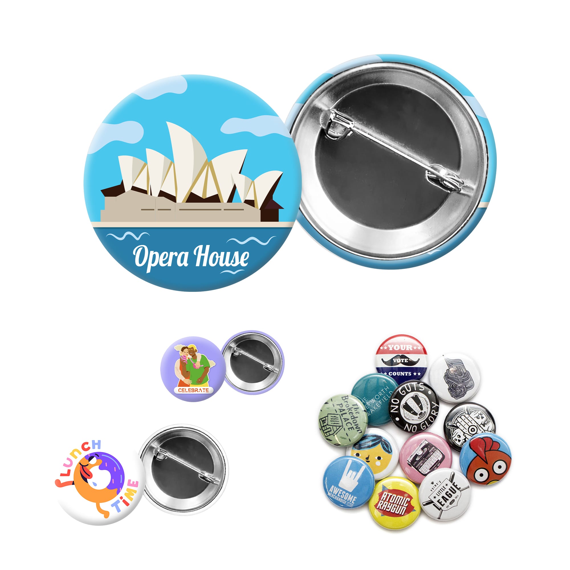 A collection of button badges, featuring various designs, colours, and a backing for pins. Button Badges - Image 1