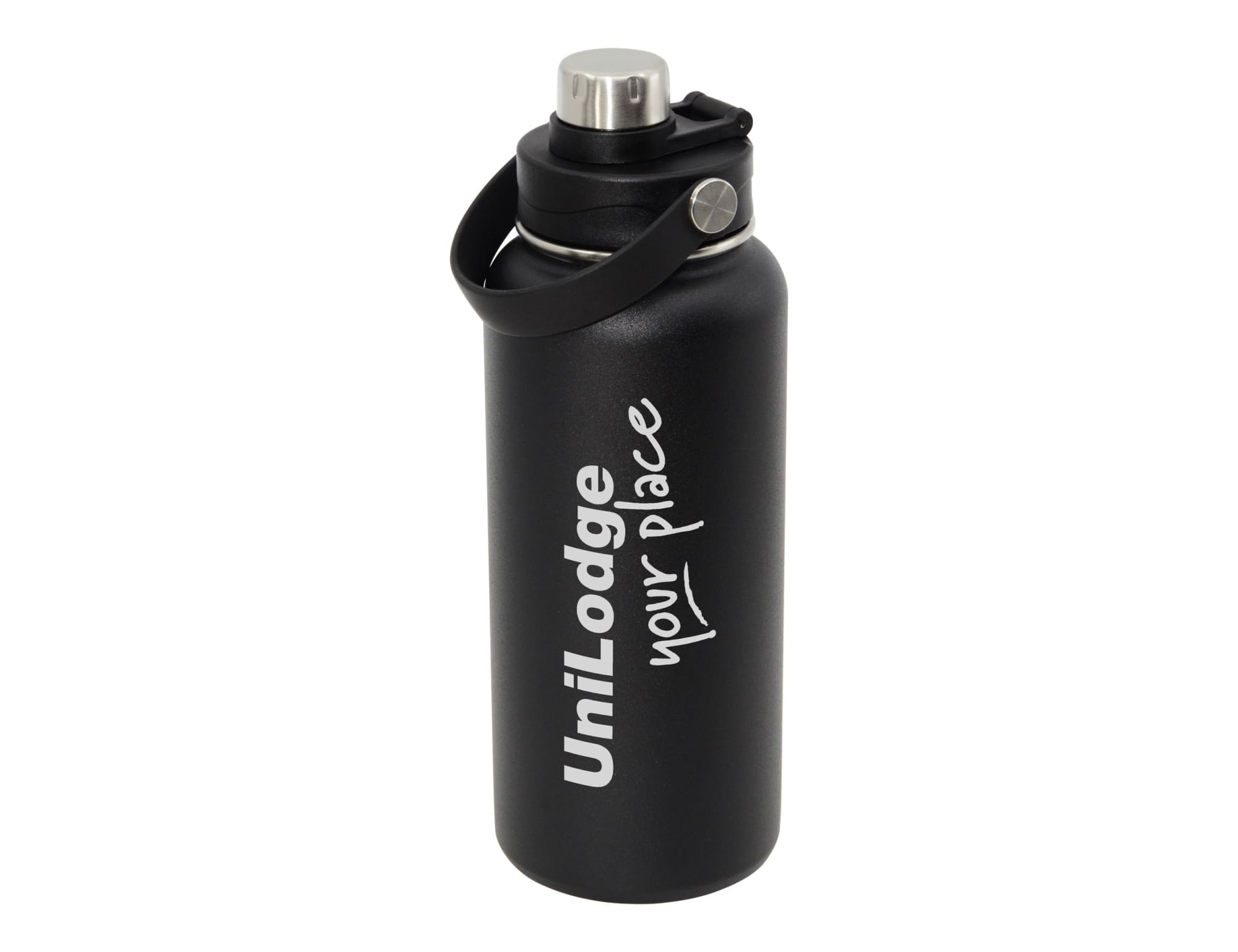 A drink bottle in black with a silver cap and a carry handle, featuring a logo on the side. Sumo 1lt Vacuum Bottle, Black - Image 1