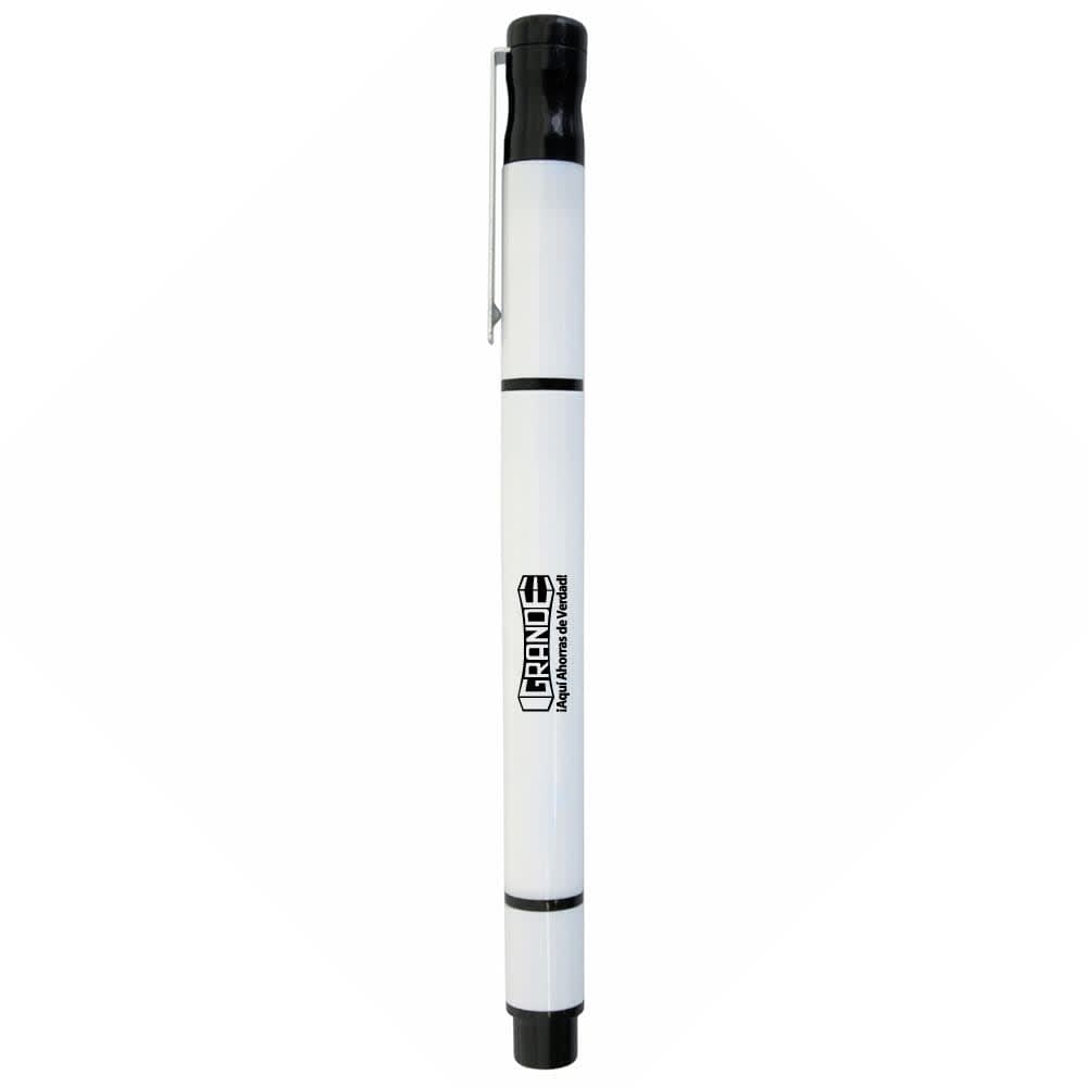 A dual pen and highlighter in white and black, featuring a logo on its body. Dual Pen/Highlighter - Image 1