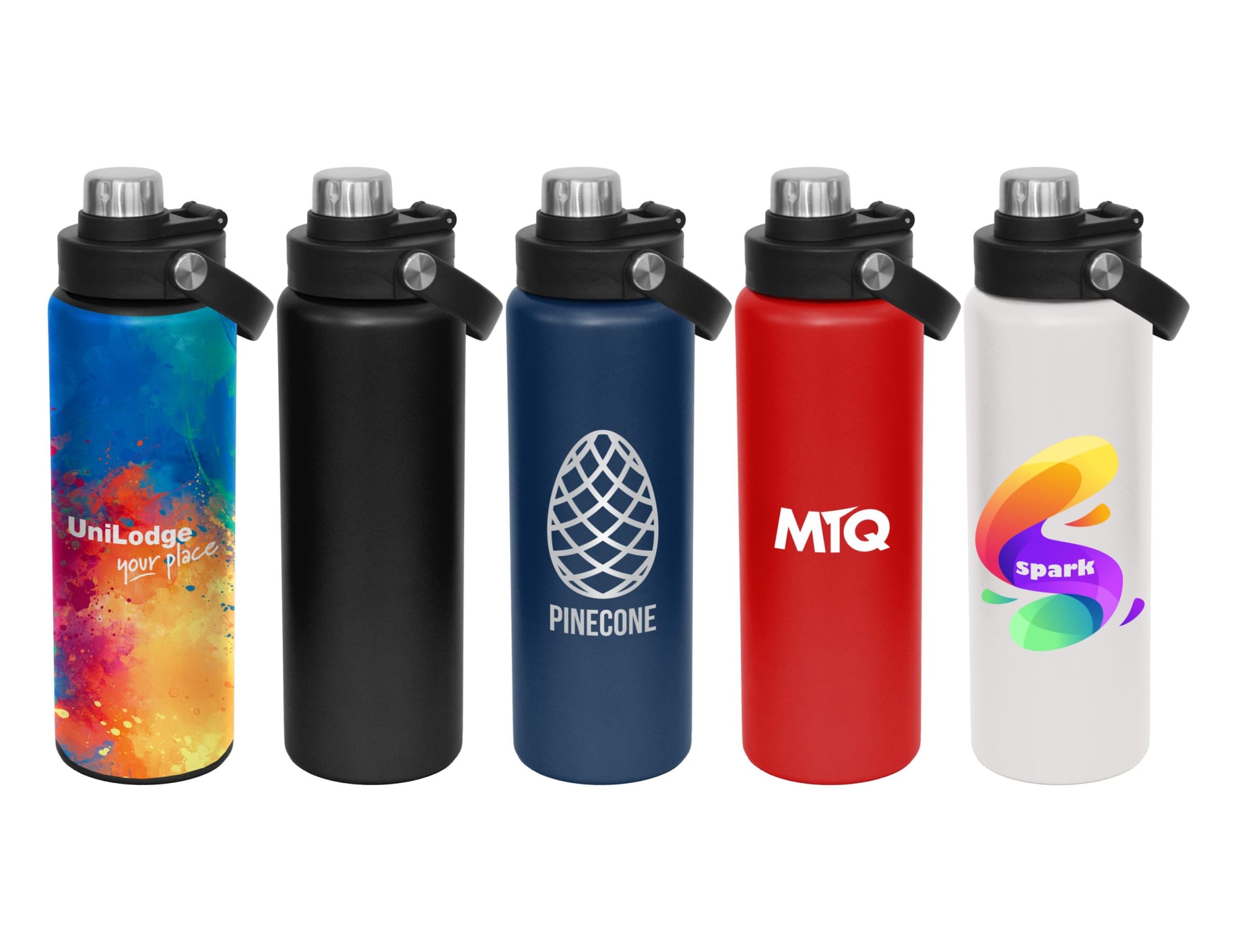 A drink bottle collection featuring a vibrant gradient, black, blue, red, and white bottles, each with a screw cap and logo. Aurora 1lt Screw Cap Bottle - Image 1