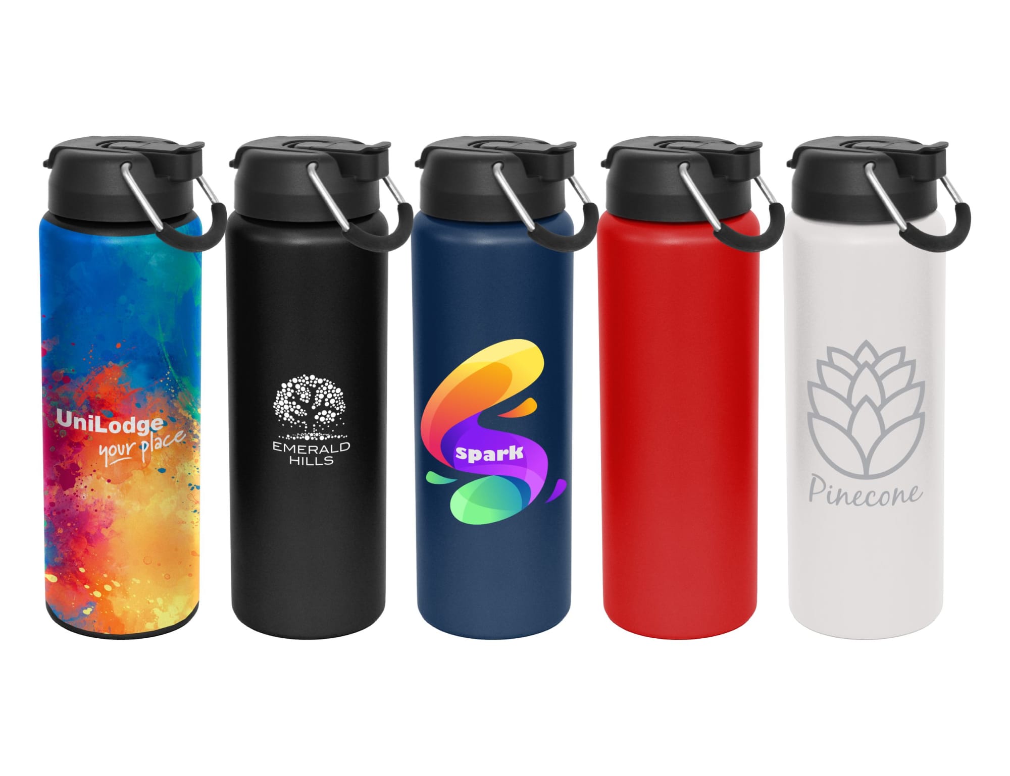 A drink bottle collection featuring five bottles in various colours: black, blue, red, white, and a multicoloured design. Each has a lid. Anaheim 1lt Combo Lid Bottle - Image 1