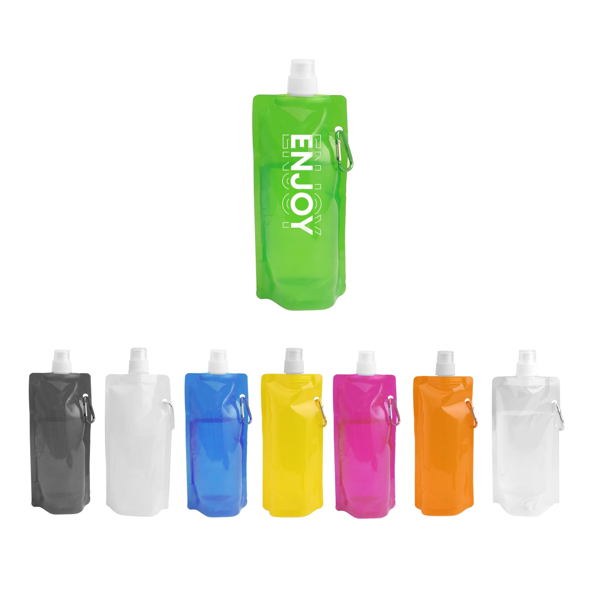 A drink bottle featuring a 480ml collapsible pouch design in green, with additional bottles in grey, white, yellow, pink, and orange. 480ml Collapsible Pouch - Image 1