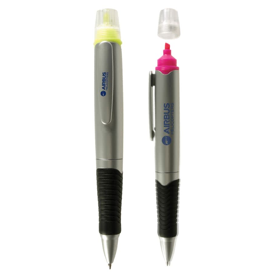 A duo highlighter and pen in silver with a black grip, featuring yellow and pink highlighting ends and branding. Duo Highlighter/Pen - Image 1