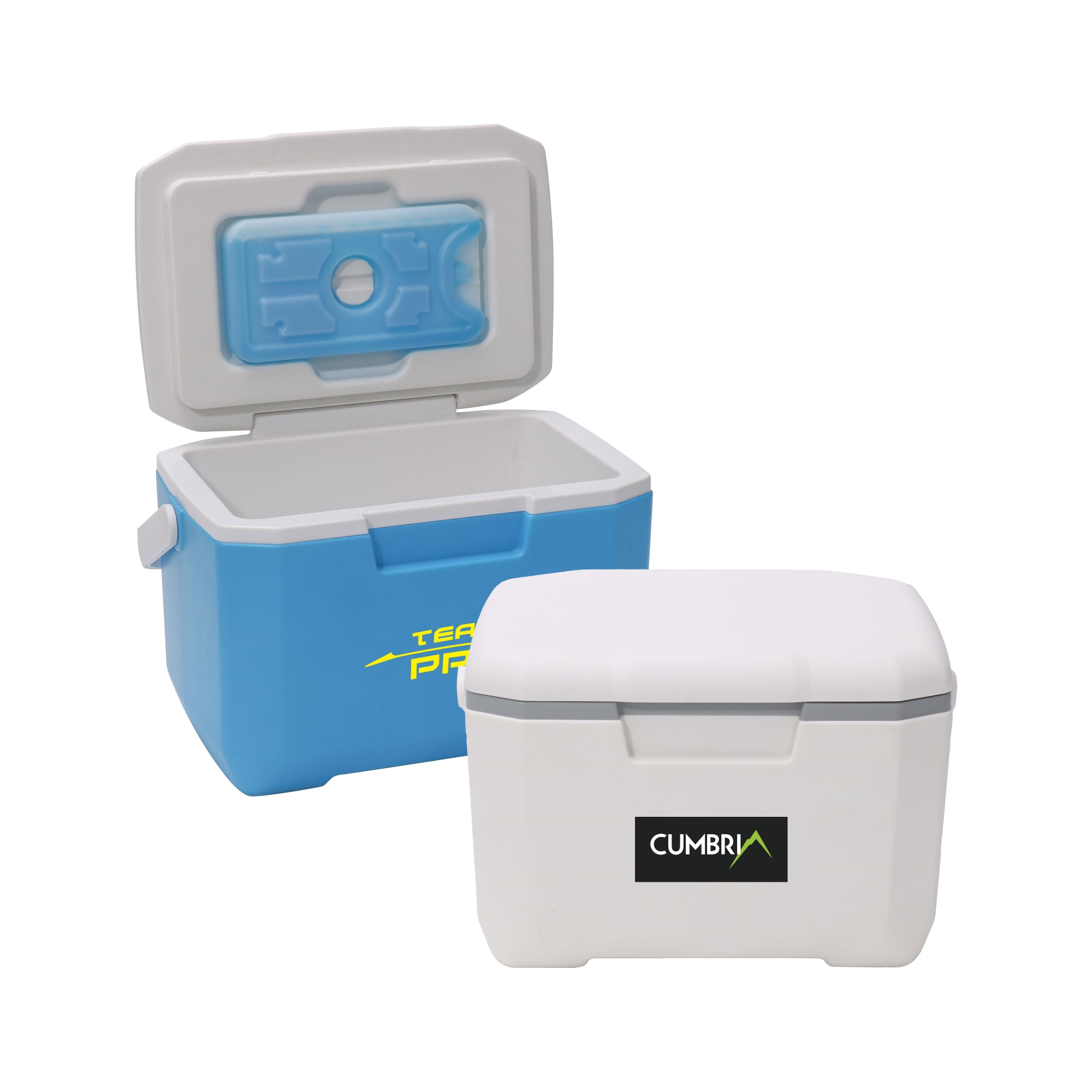 A 6L cooler box in blue and white, featuring a lid and a logo on the front. 6L Cooler Box - Image 1