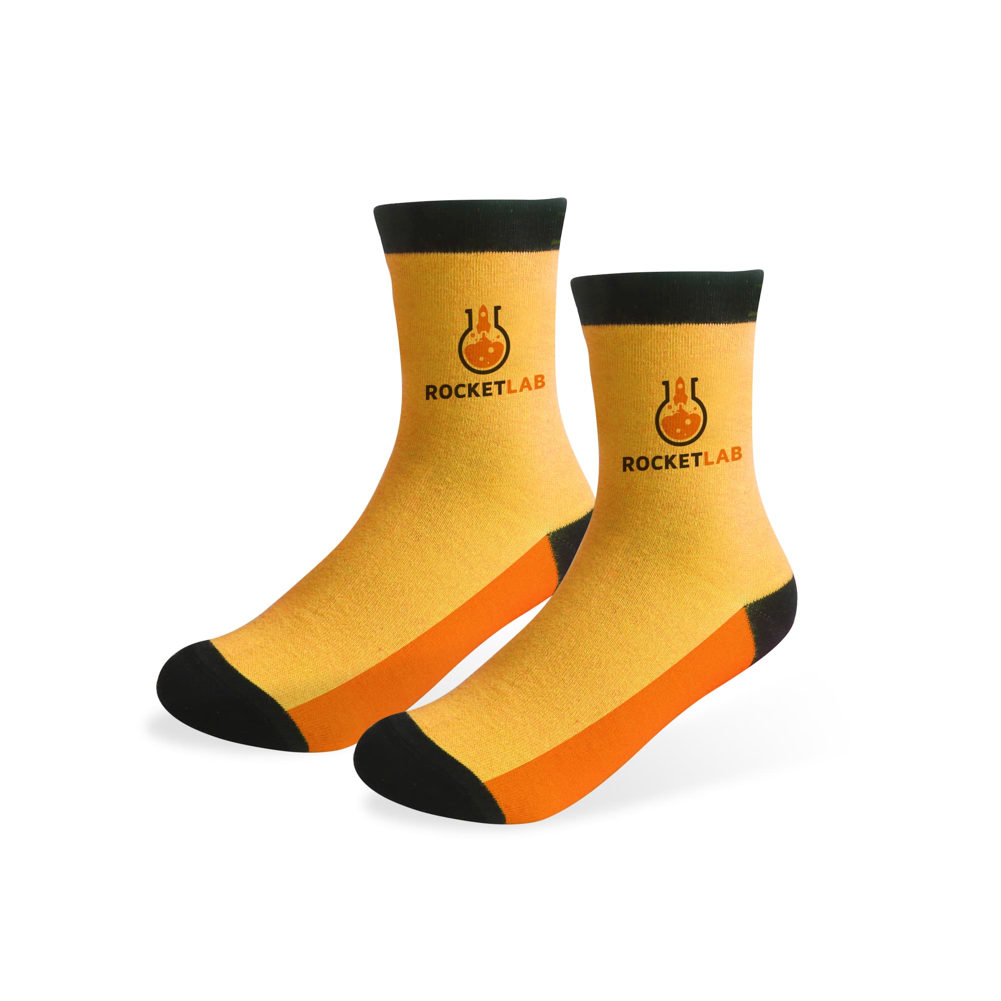 Ankle custom pattern woven bamboo socks in yellow, orange, and black with a logo on one side. Ankle Custom Pattern Woven Bamboo Socks - Image 1