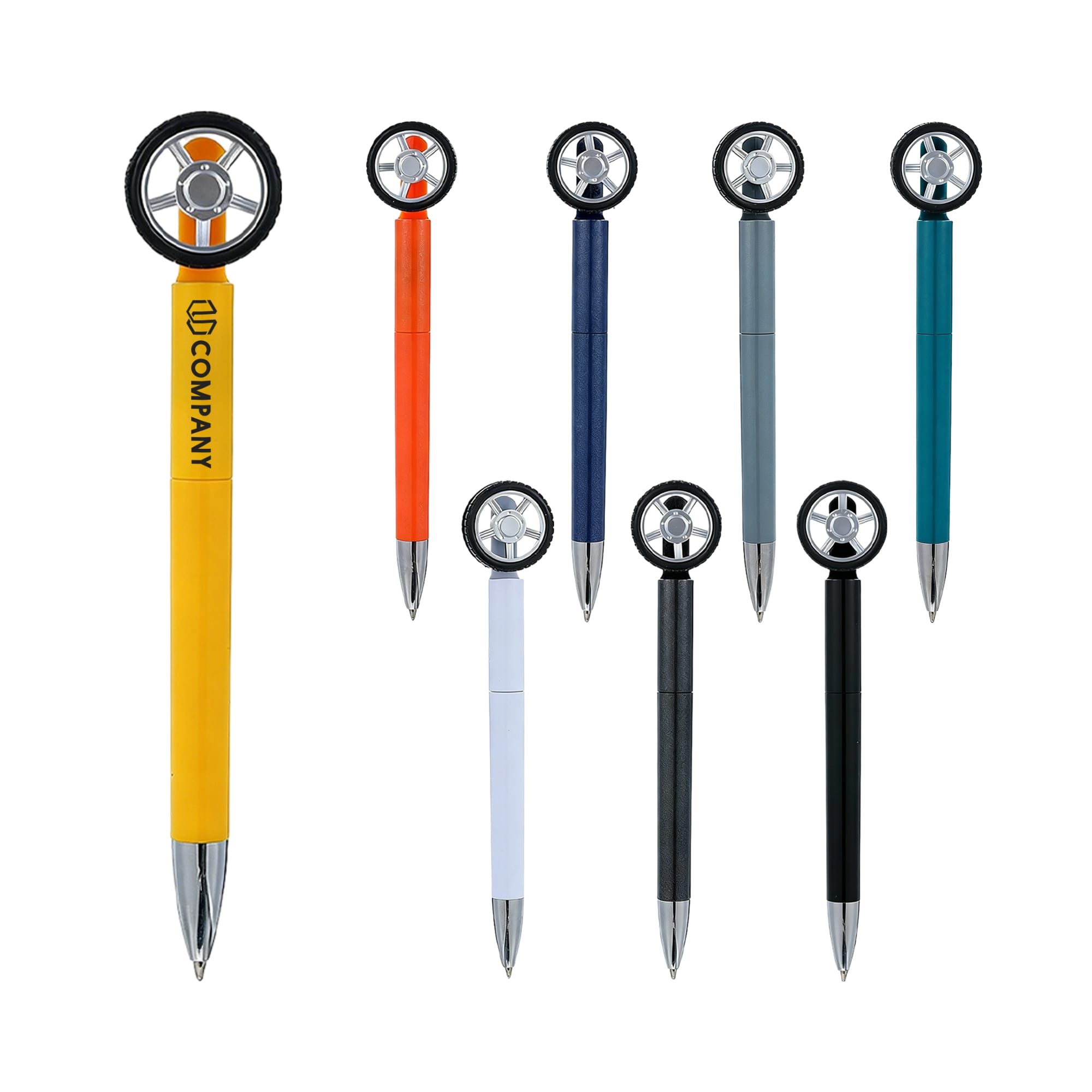 A collection of fidget spin tire-shaped pens in various colours including yellow, orange, blue, grey, black, white, and green. Fidget Spin Tyre Shape Pen - Image 1