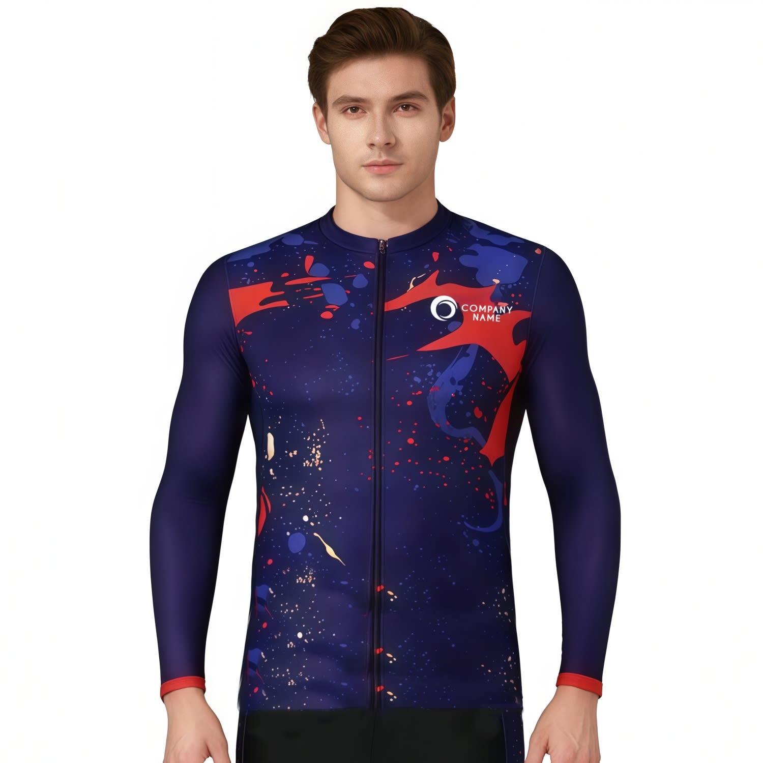 A long sleeve cycling jersey in navy with red and blue splashes, featuring a logo on the chest. Men's Sublimated Long Sleeve Cycling Jersey - Image 1