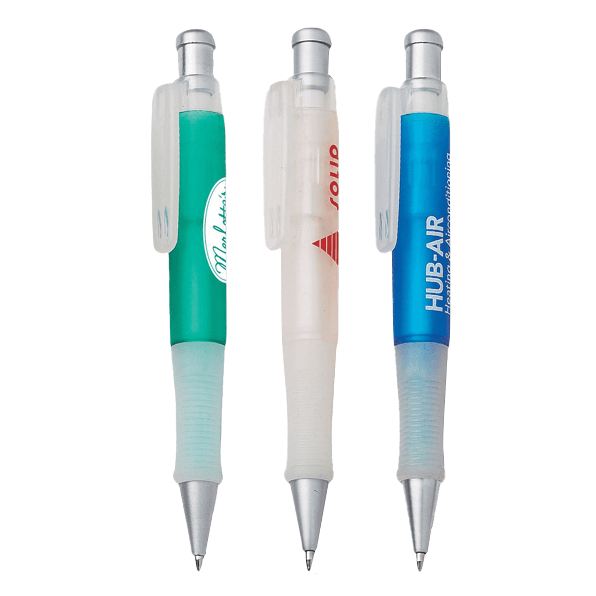 Three plastic pens are displayed: one green, one translucent white, and one blue, each with a clip and branding on the barrel. Arctic Pen - Image 1