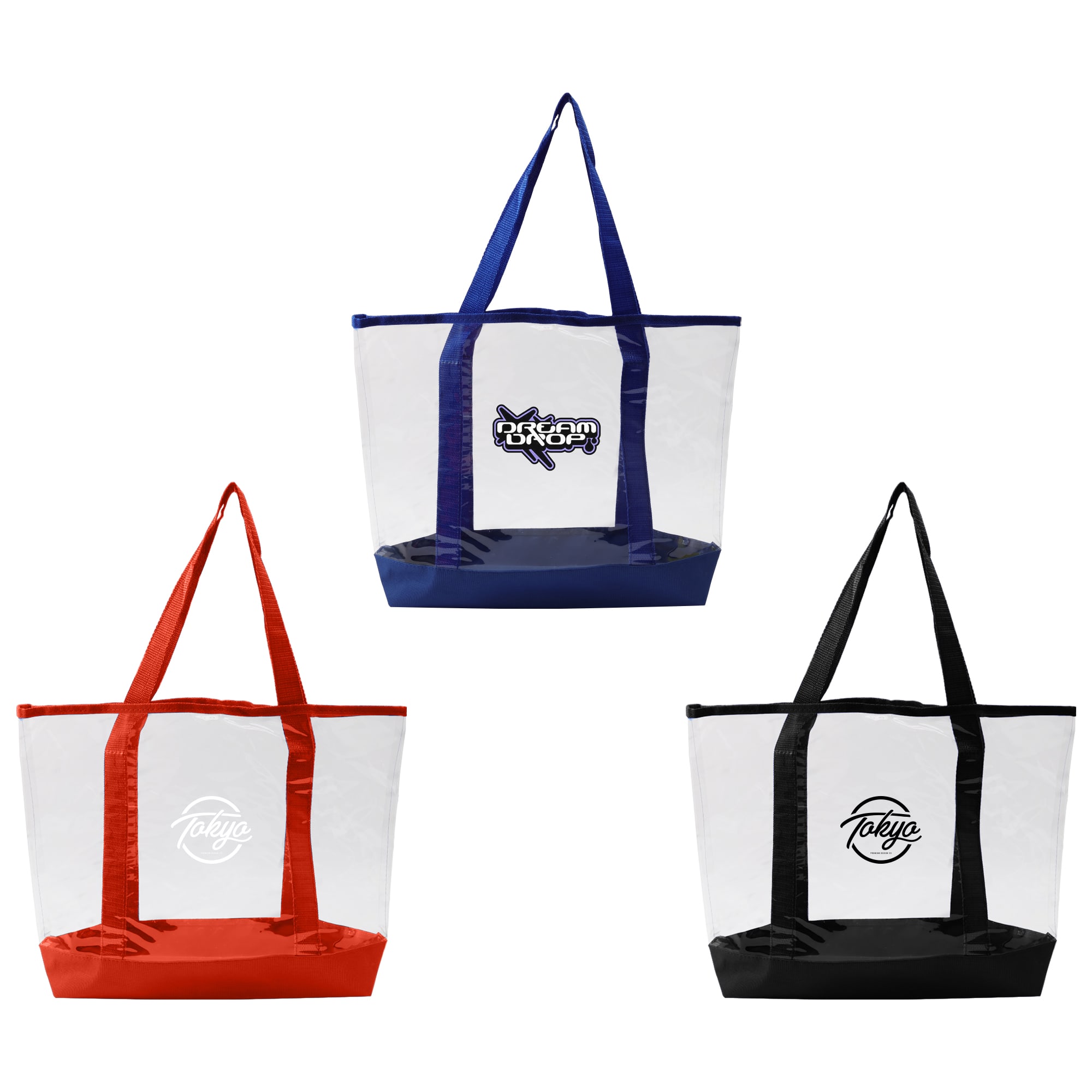 Three transparent handbags in red, navy, and black, each featuring a logo on the front. Transparent Hand Bag - Image 1
