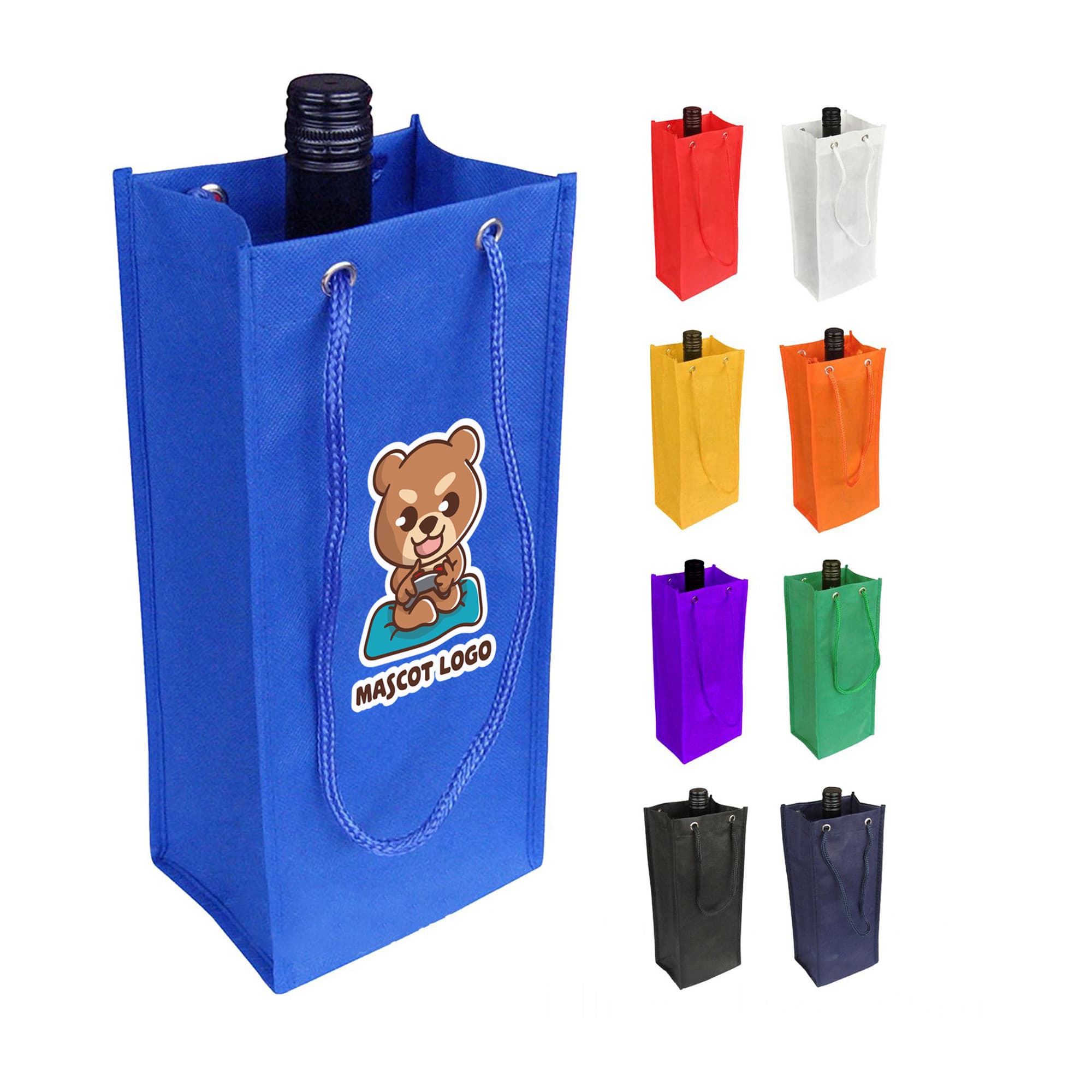 A drink bottle bag in blue, featuring a rope handle and a logo, with other coloured bags displayed behind it. Non Woven Single Bottle Bag with Rope Handle - Image 1