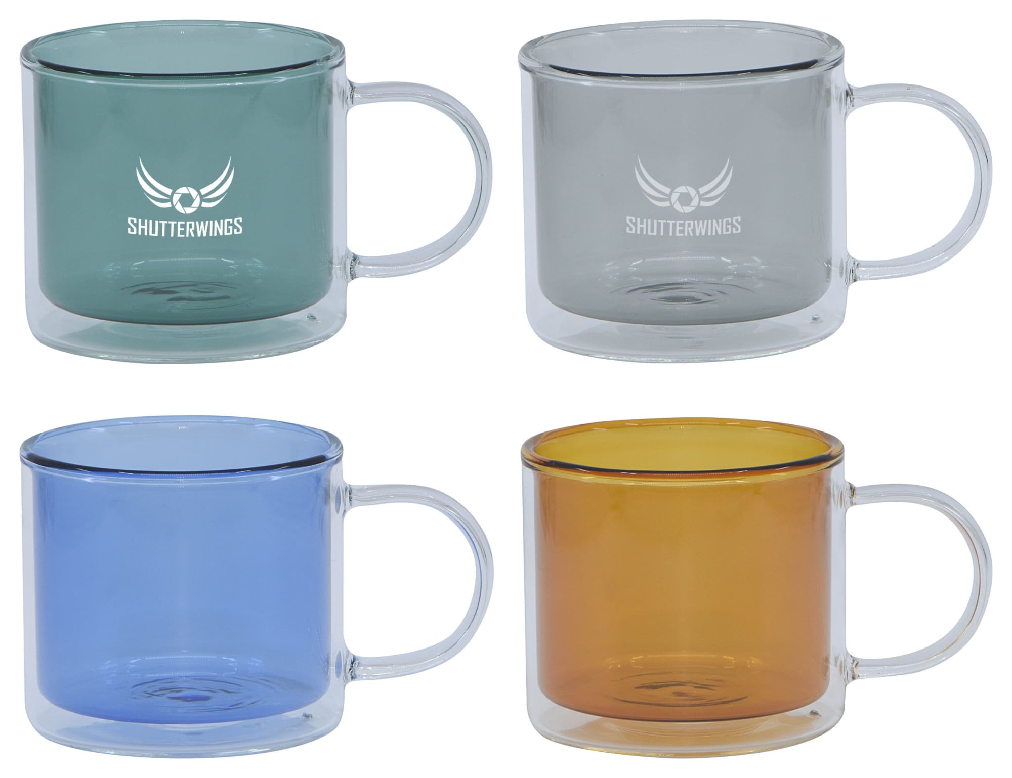 A set of four double wall mugs in teal, grey, blue, and orange, each with a branding logo. Spectrum Double Wall Mug - Image 1