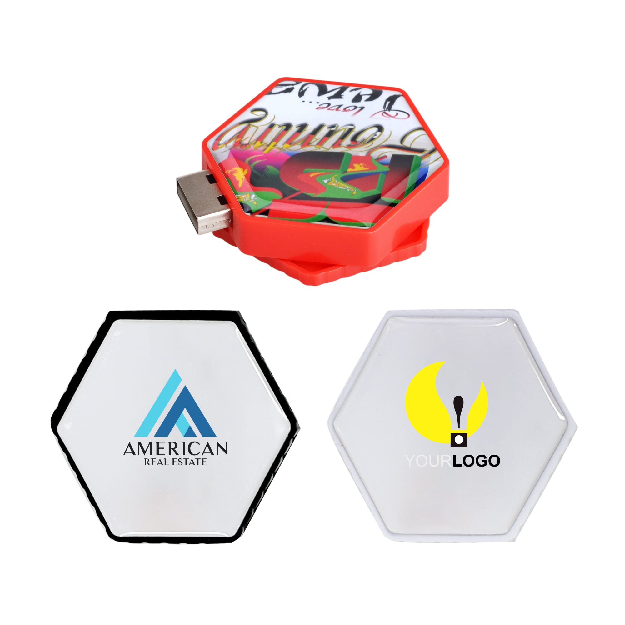 A hexagon-shaped flash drive in red with a colourful design, alongside two white hexagon flash drives featuring logos. Hexagon Flash Drive - Image 1