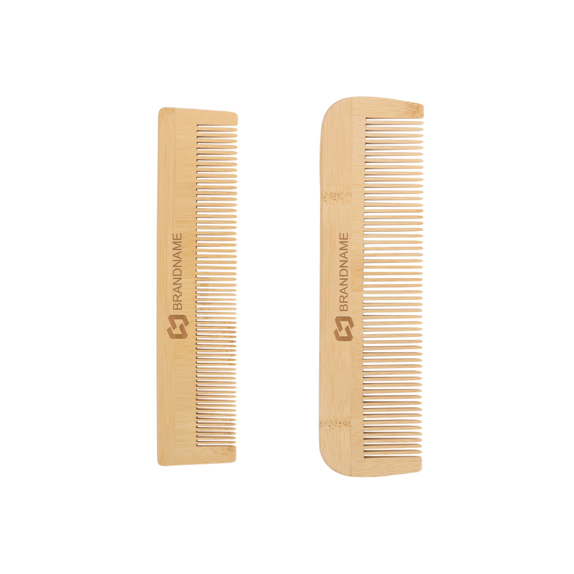Two fine-tooth bamboo combs in different designs, both featuring a logo, in a natural wood colour. Fine-Tooth Bamboo Comb - Image 1