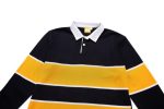 A black and yellow striped long-sleeve sports jumper with a white collar and a logo on the chest.