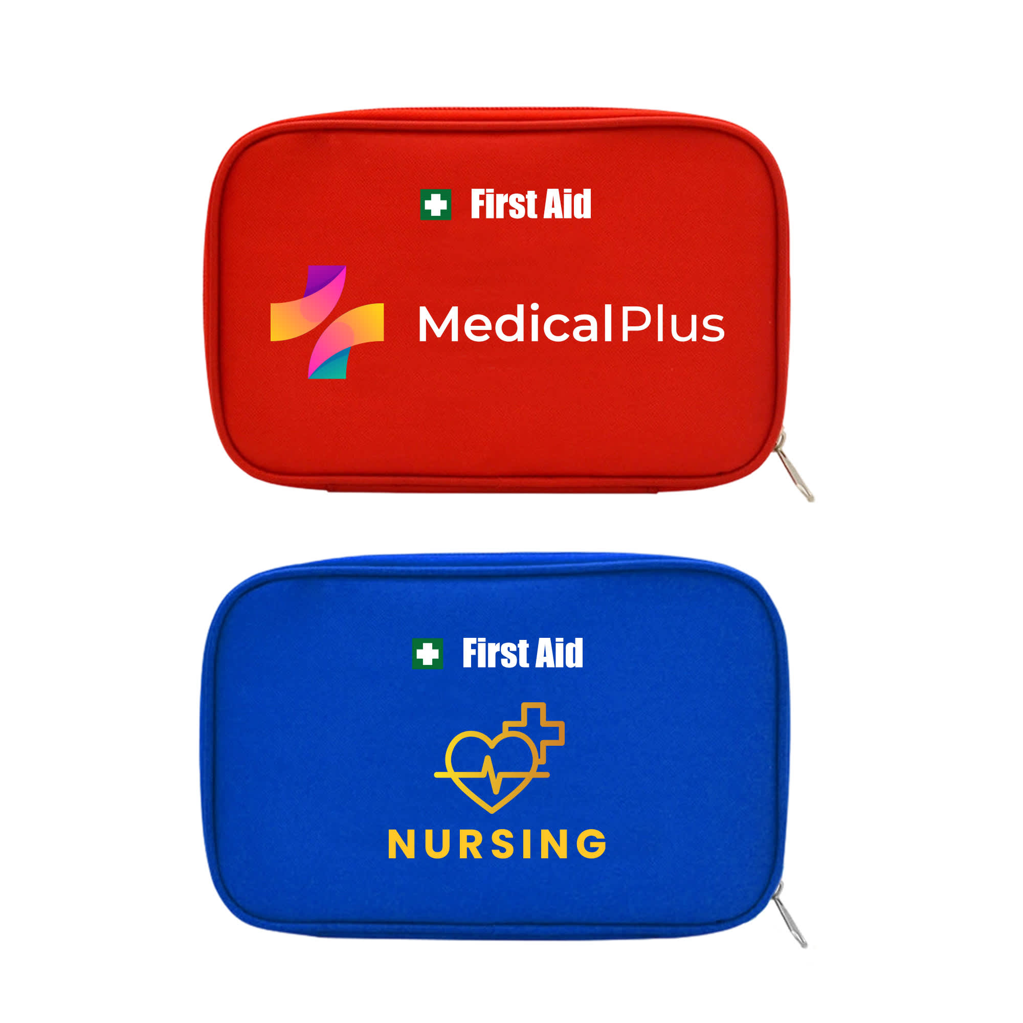 A red and blue first aid kit bag, featuring logos and a zip closure. Empty First Aid Kit Bag - Image 1