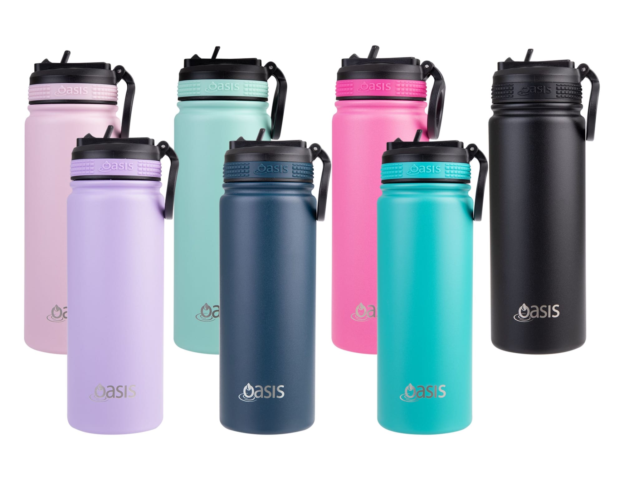 A drink bottle collection featuring various colours: pink, lavender, teal, navy, and black, with a logo on each. Oasis Challenger 550ml Vacuum Sports Sipper Spout Bottle - Image 1