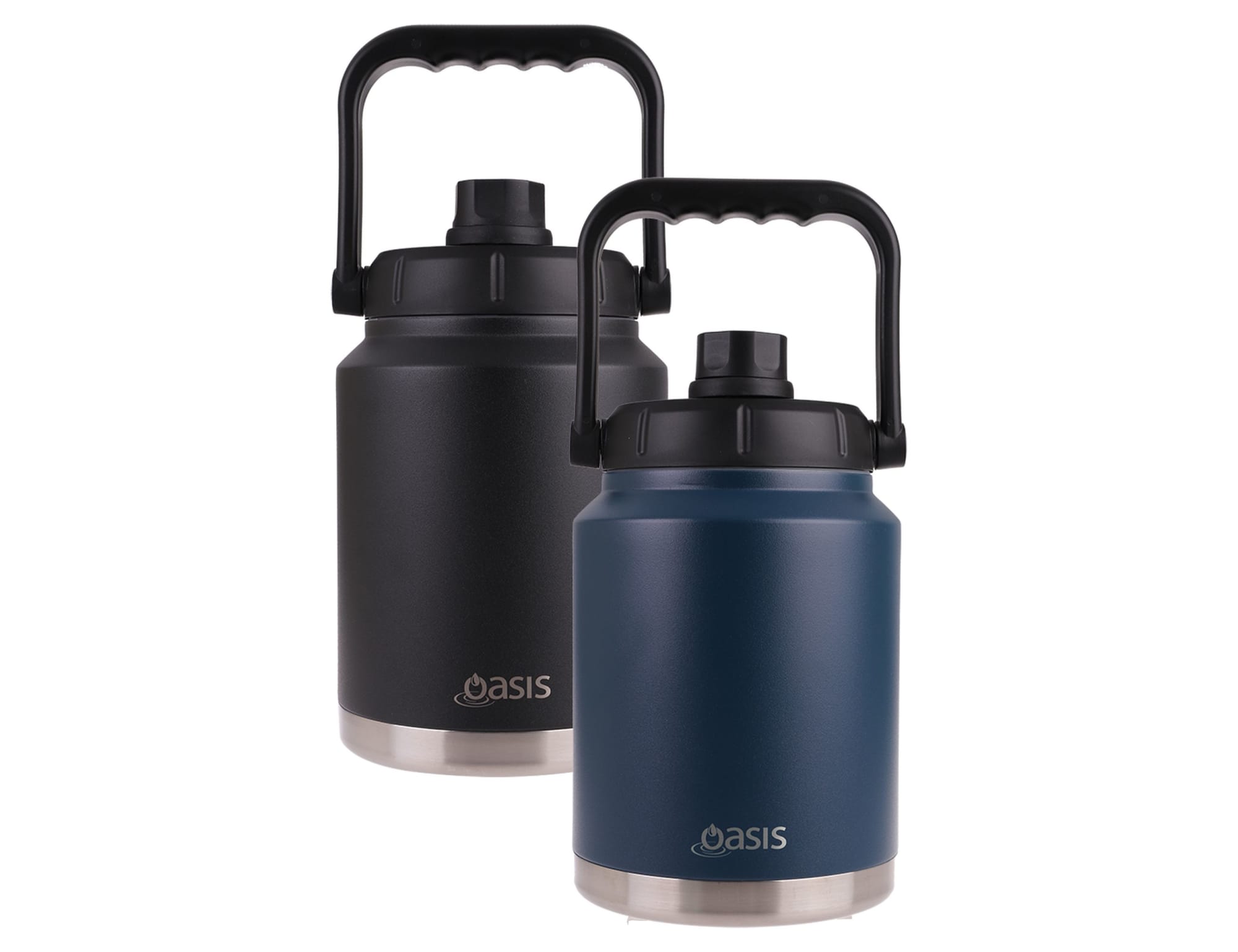 A drink bottle featuring a vacuum-insulated design, available in black and navy blue, with a carry handle and lid. Oasis 2.1L Vacuum Carry Handle Jug - Image 1