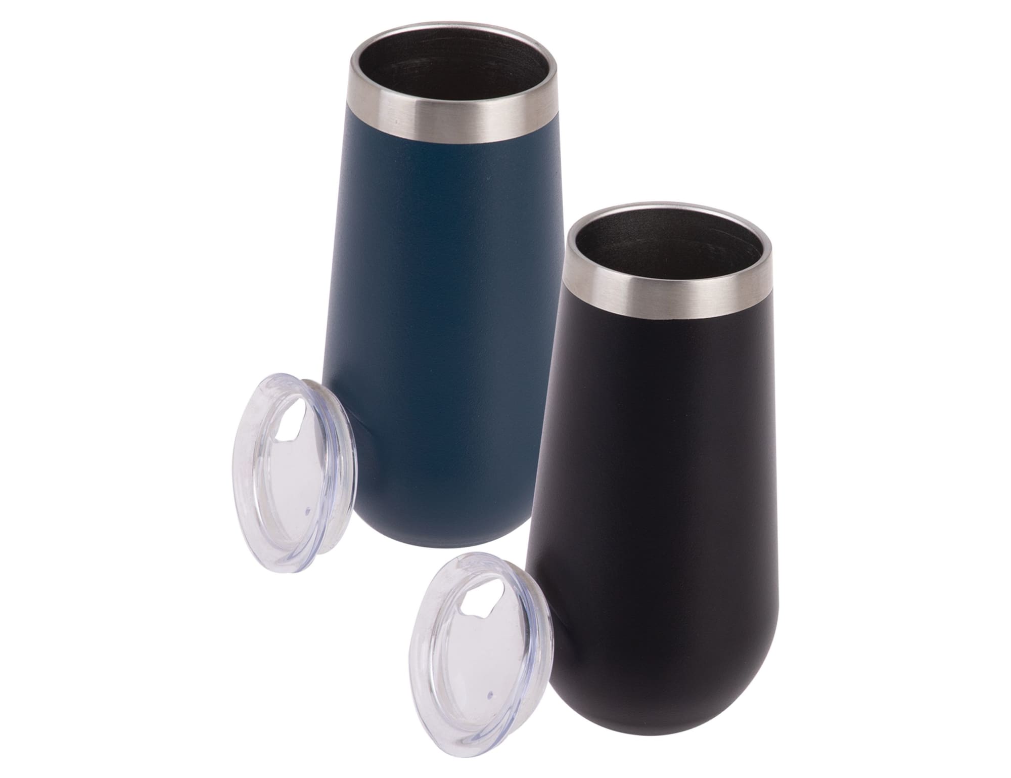 A drink bottle set featuring two vacuum champagne flutes in navy blue and black with metal accents and clear lids. Oasis 180ml Vacuum Champagne Flute - Image 1