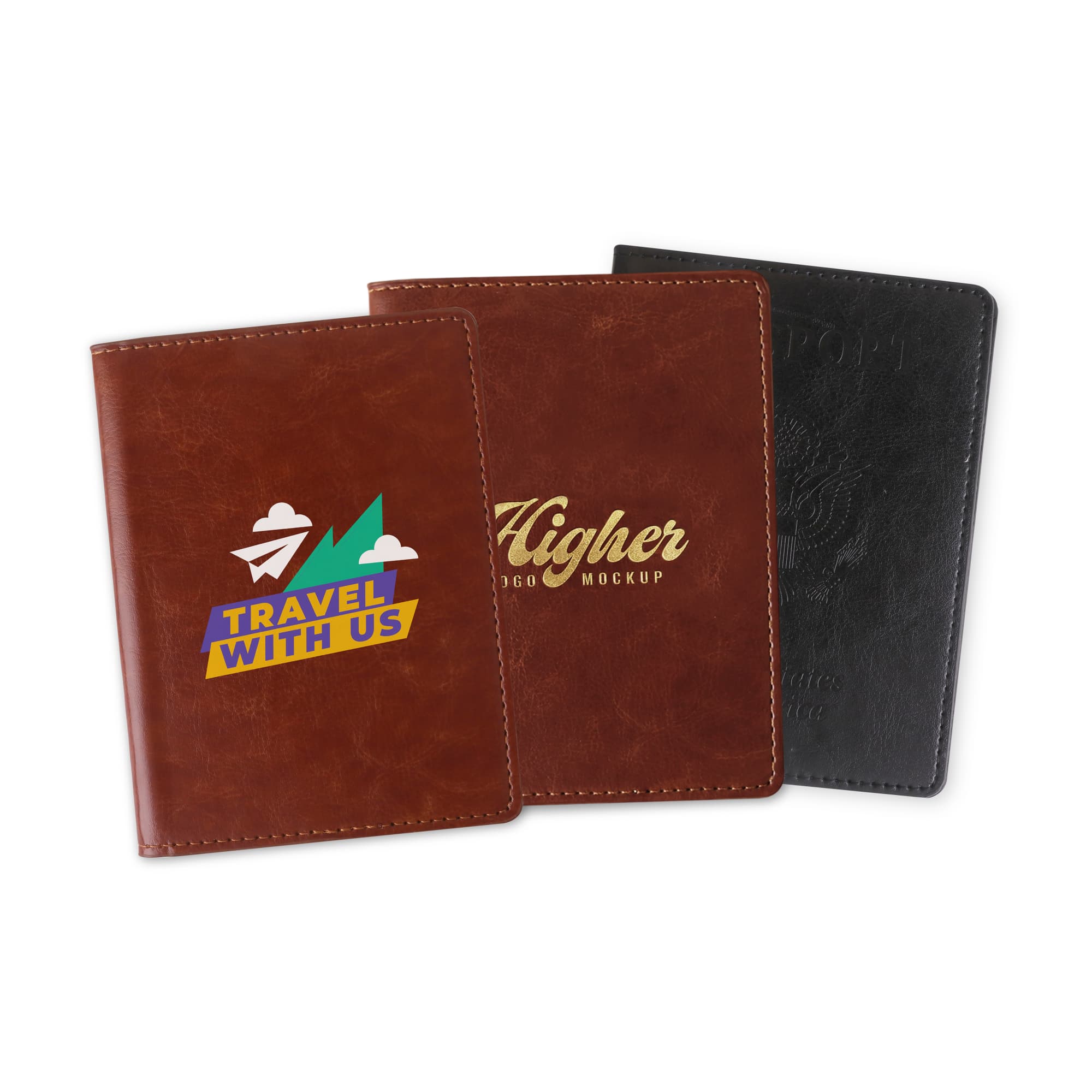 Three PU leather passport holders in brown and black, featuring various designs and a logo on one. PU Leather Passport Holder - Image 1
