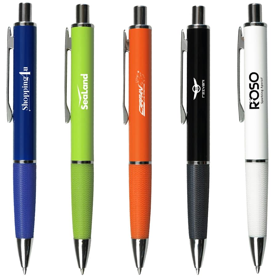 A collection of five metal pens in blue, green, orange, black, and white, each with a different logo or branding. Gala Pen - Image 1