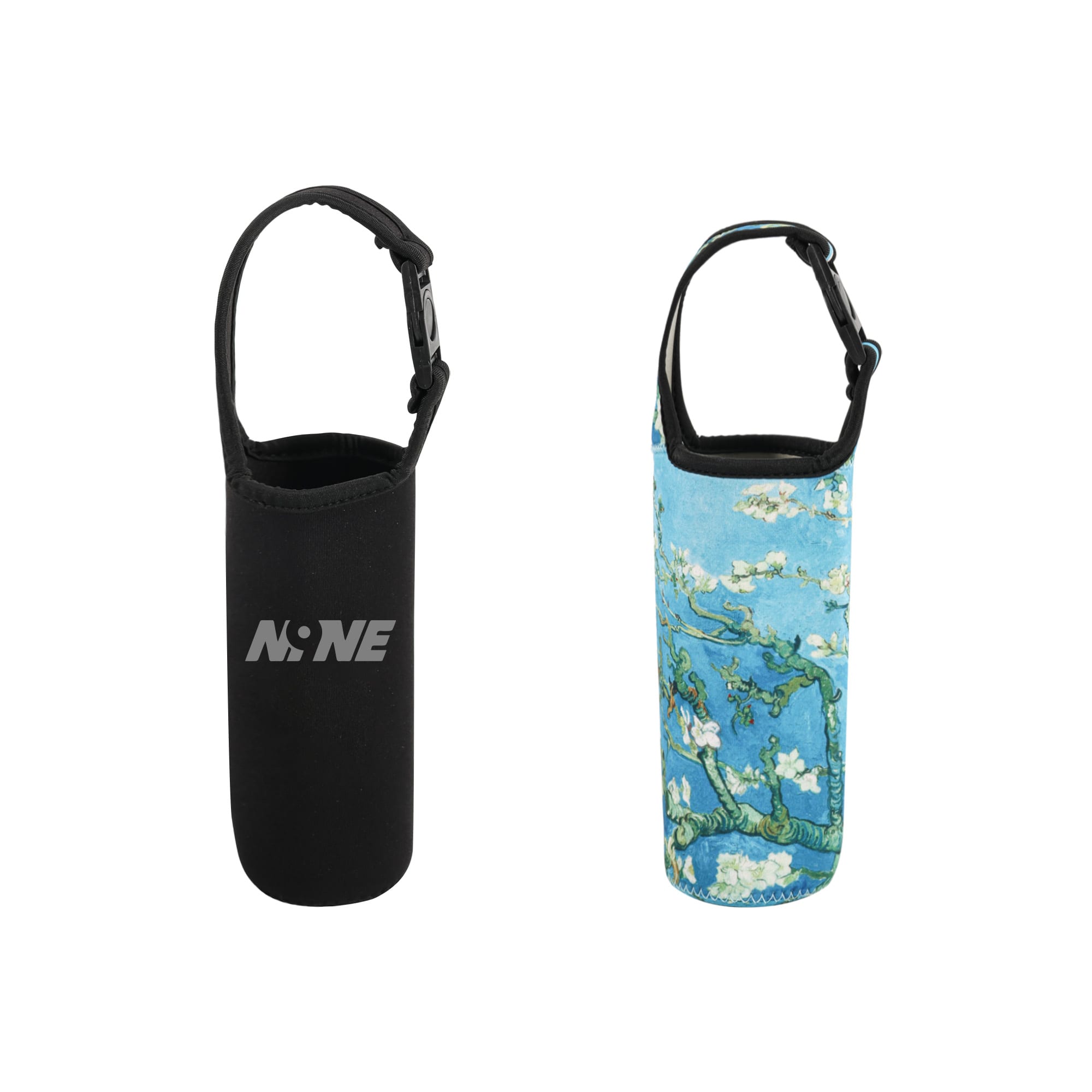 A drink bottle carrier pouch featuring a black side with a logo and a blue floral design on the other side. Sleeve Bottle Cup Carrier Pouch - Image 1