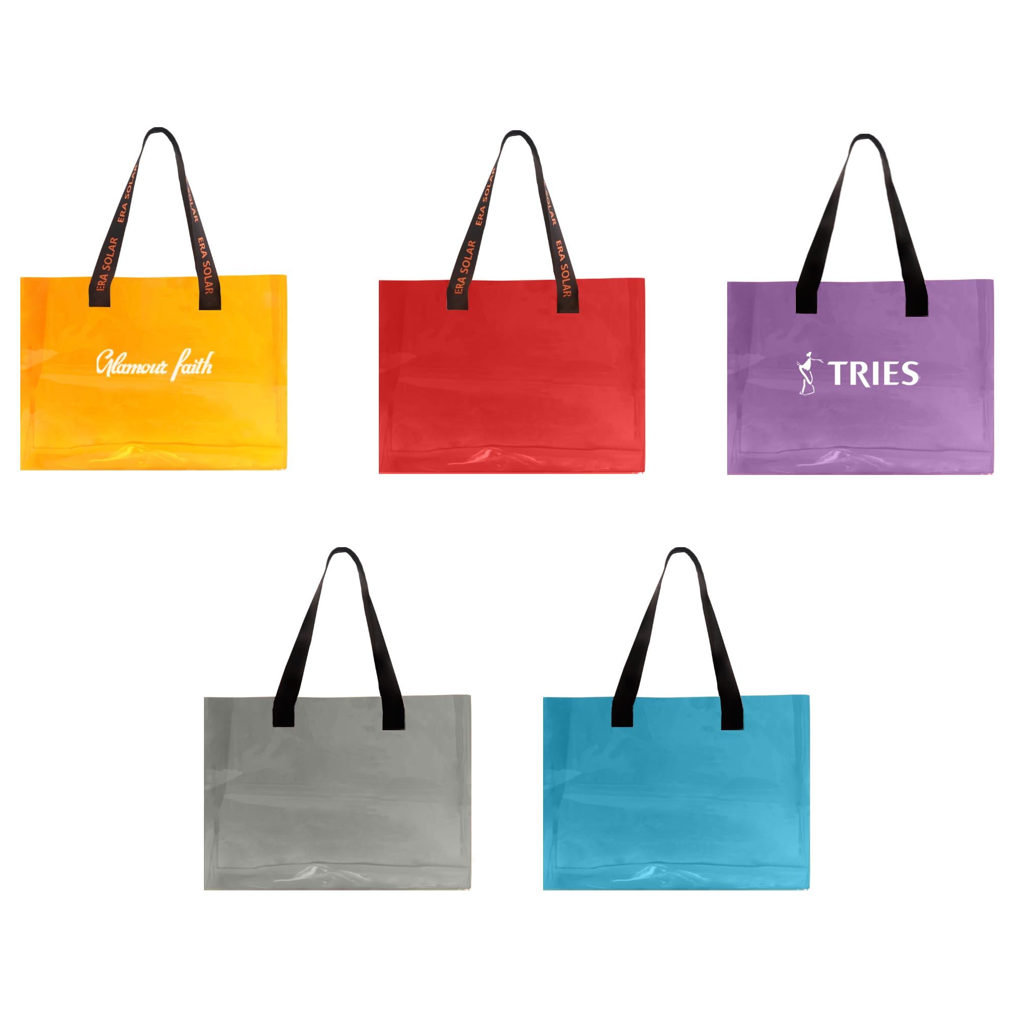 A set of five colourful clear tote bags in orange, red, purple, grey, and blue, featuring black handles and logos. PVC Colorful Clear Tote Bag - Image 1