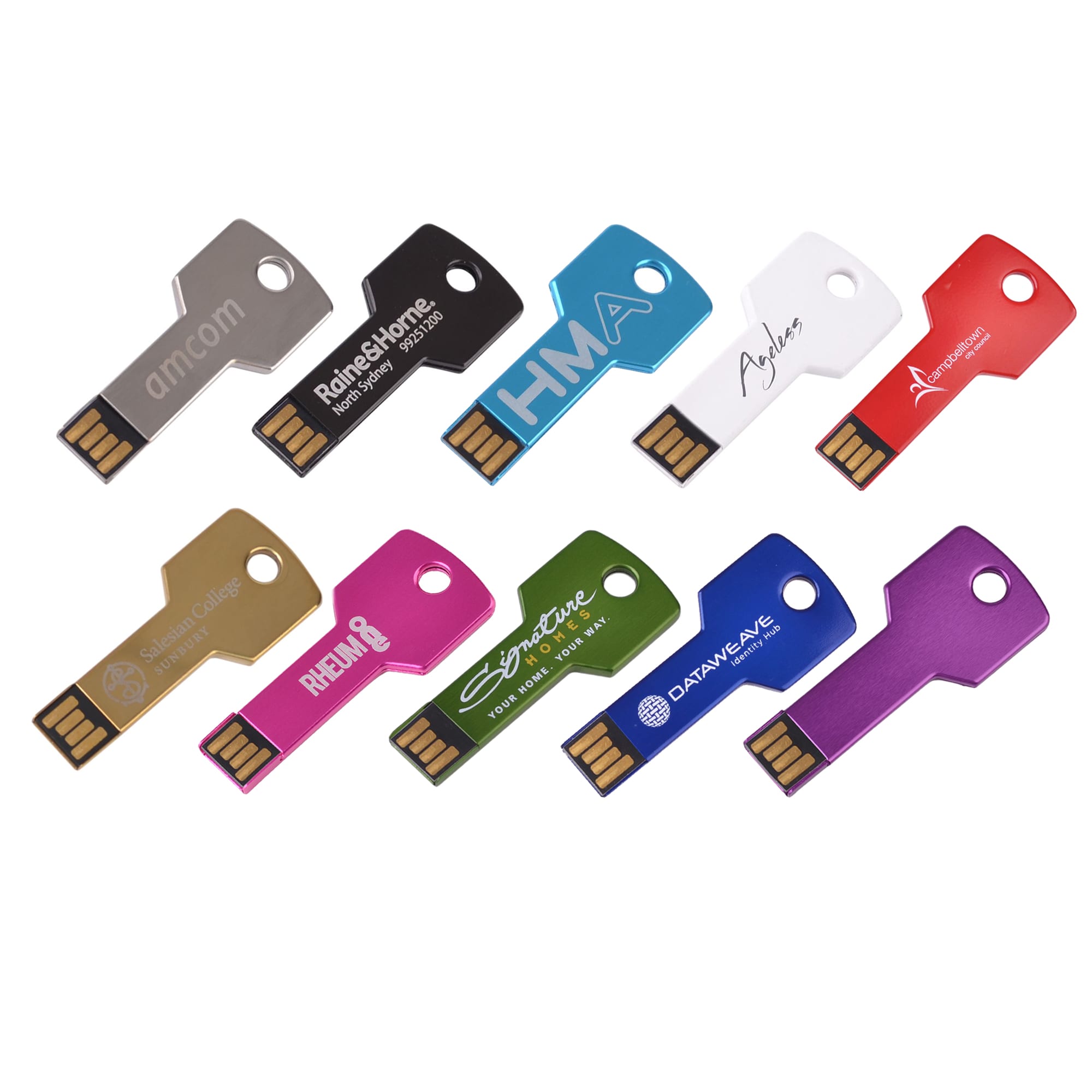 A collection of colourful square key flash drives in various hues including silver, blue, red, purple, and gold, featuring different logos. Square Key Flash Drive - Image 1