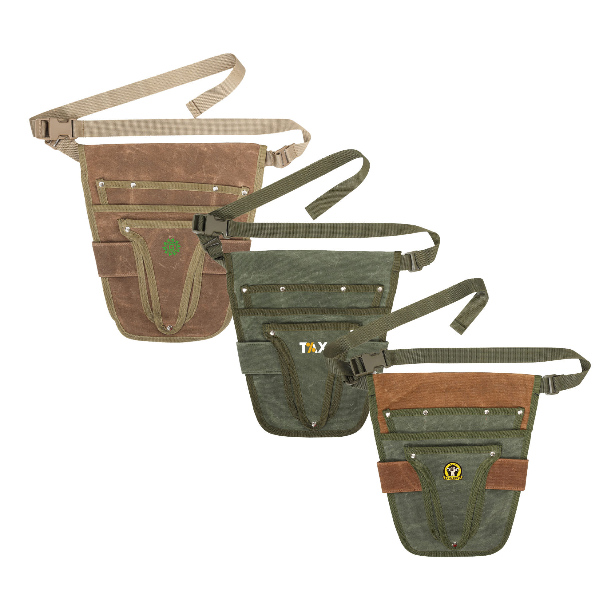 A set of three garden tool waist pouches in brown and green, featuring various pockets and straps, with logos. Garden Tool Waist Pouch - Image 1