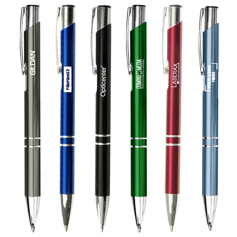 A selection of metal pens in silver, blue, black, green, red, and a pen with a logo. Edison Pen - Image 1