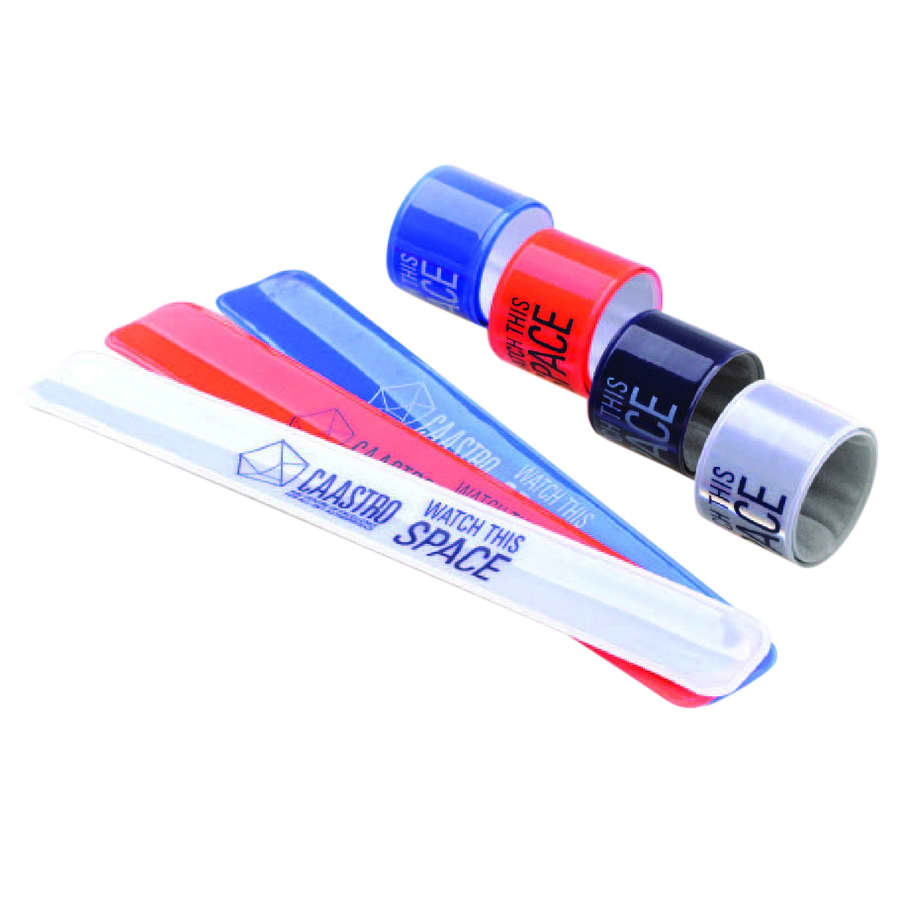 A set of five reflective slap bands in red, blue, white, and black, featuring logos and branding. Reflective Slap Band - Image 1