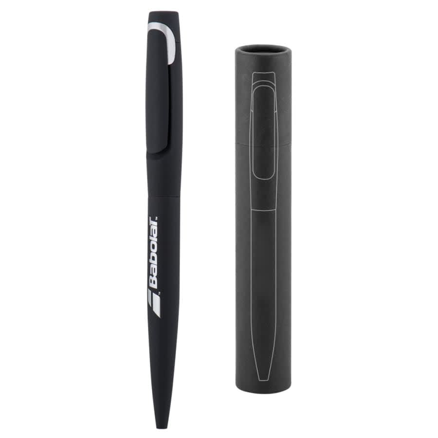 A black metal pen with a sleek design, featuring a pen holder. The pen has a logo on its side. Bloa Pen - Image 1