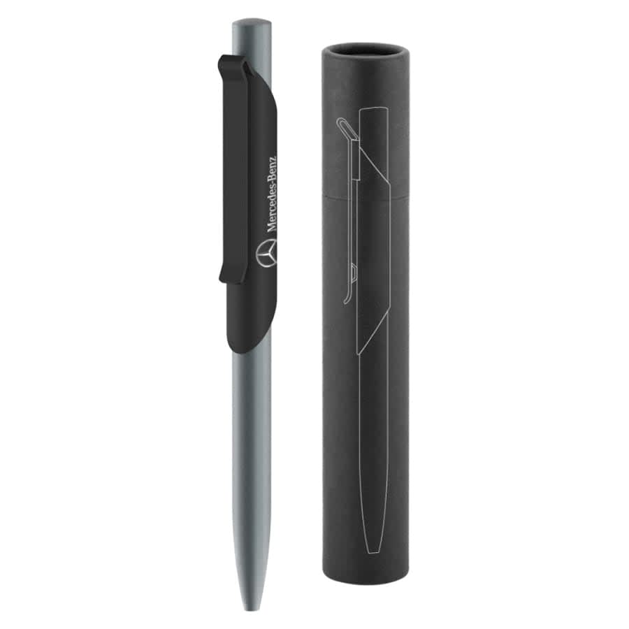 A metal pen in a sleek grey colour, displayed with a matching cylindrical casing. The pen features a clip and branding. Skil Pen - Image 1