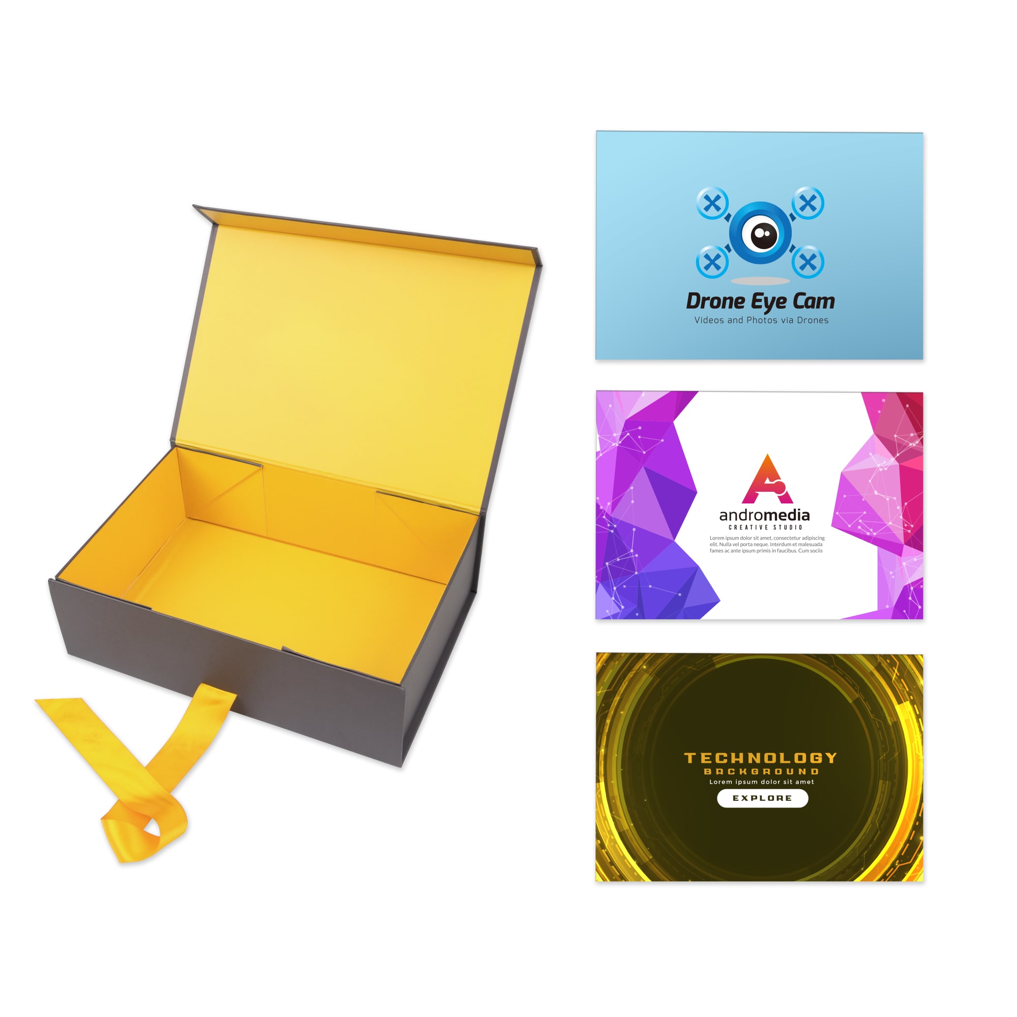 A medium foldable magnetic box in black with a yellow ribbon, alongside several business cards. Medium Foldable Magnetic Box with Ribbon - Image 1