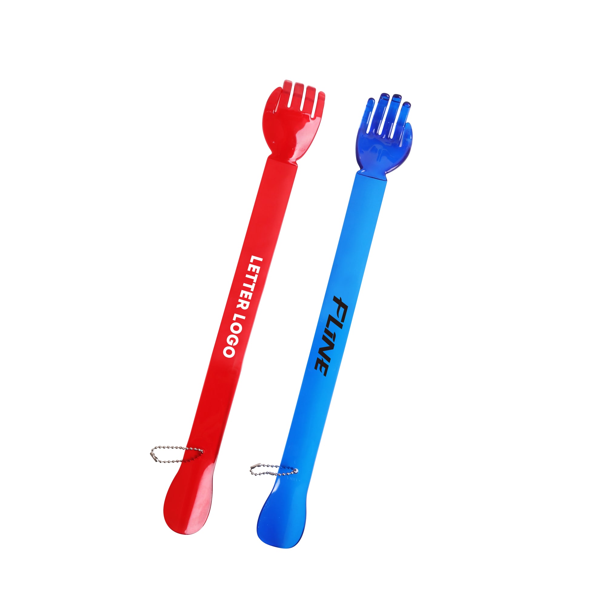 A red back scratcher and a blue shoehorn, both with a keyring attachment, featuring a logo on each. Back Scratcher and Shoehorn - Image 1