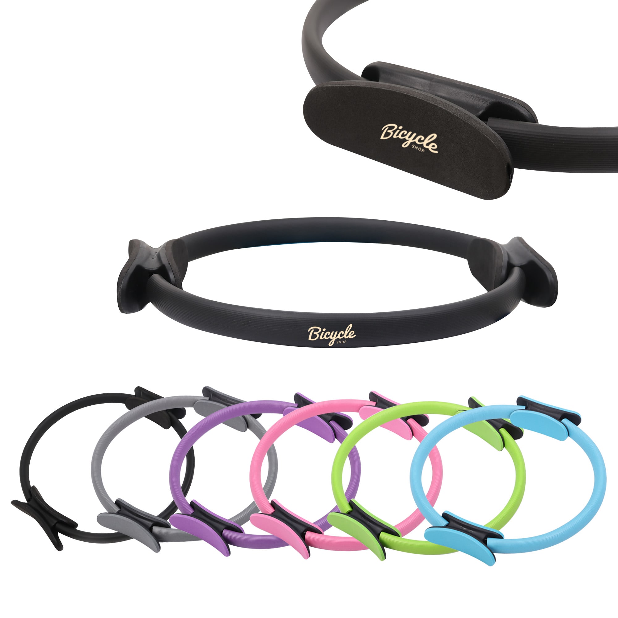 A Pilates circle in various colours including black, grey, pink, purple, and green, featuring a logo. Pilates Circle - Image 1