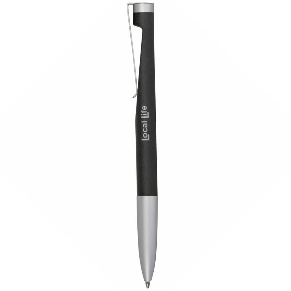 A black and silver metal pen with a clip and branding visible on the barrel. Odyssey Pen - Image 1