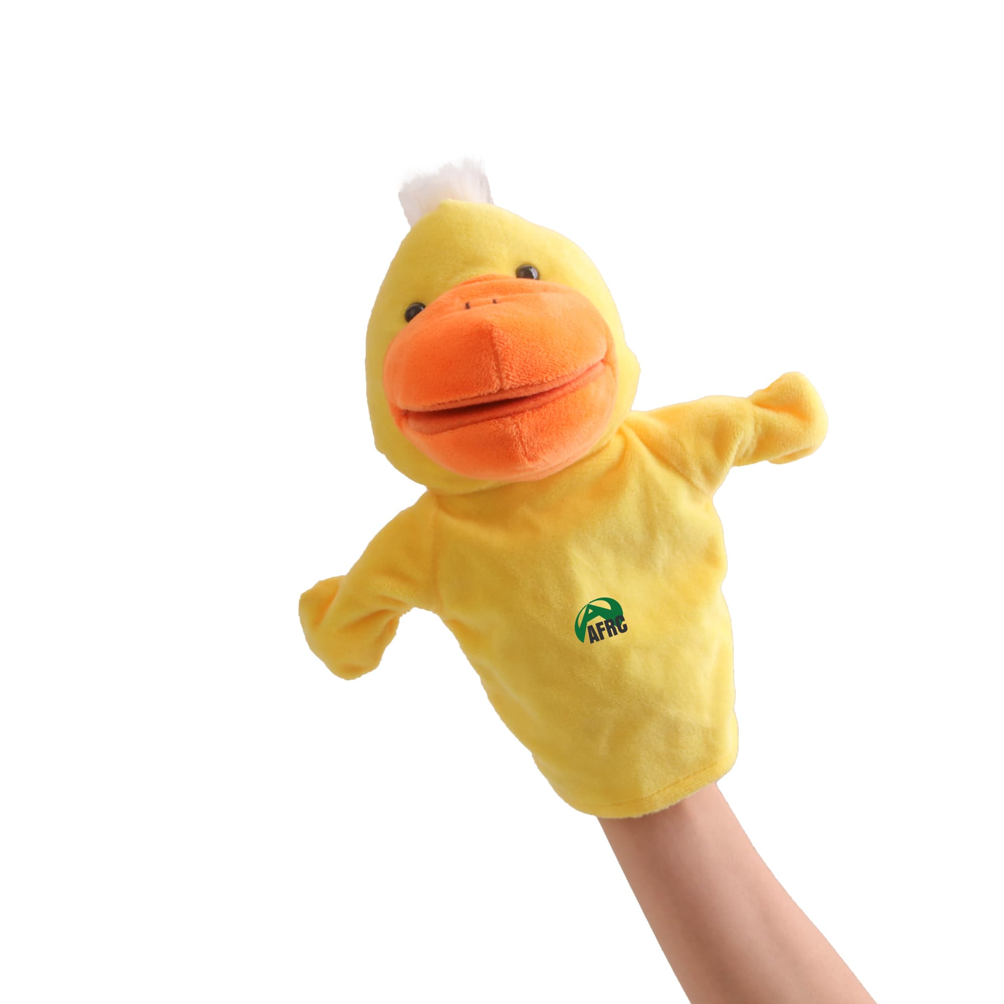 A yellow duck hand puppet with an orange beak and a small tuft of white on its head, featuring a logo on the body. Duck Hand Puppet - Image 1