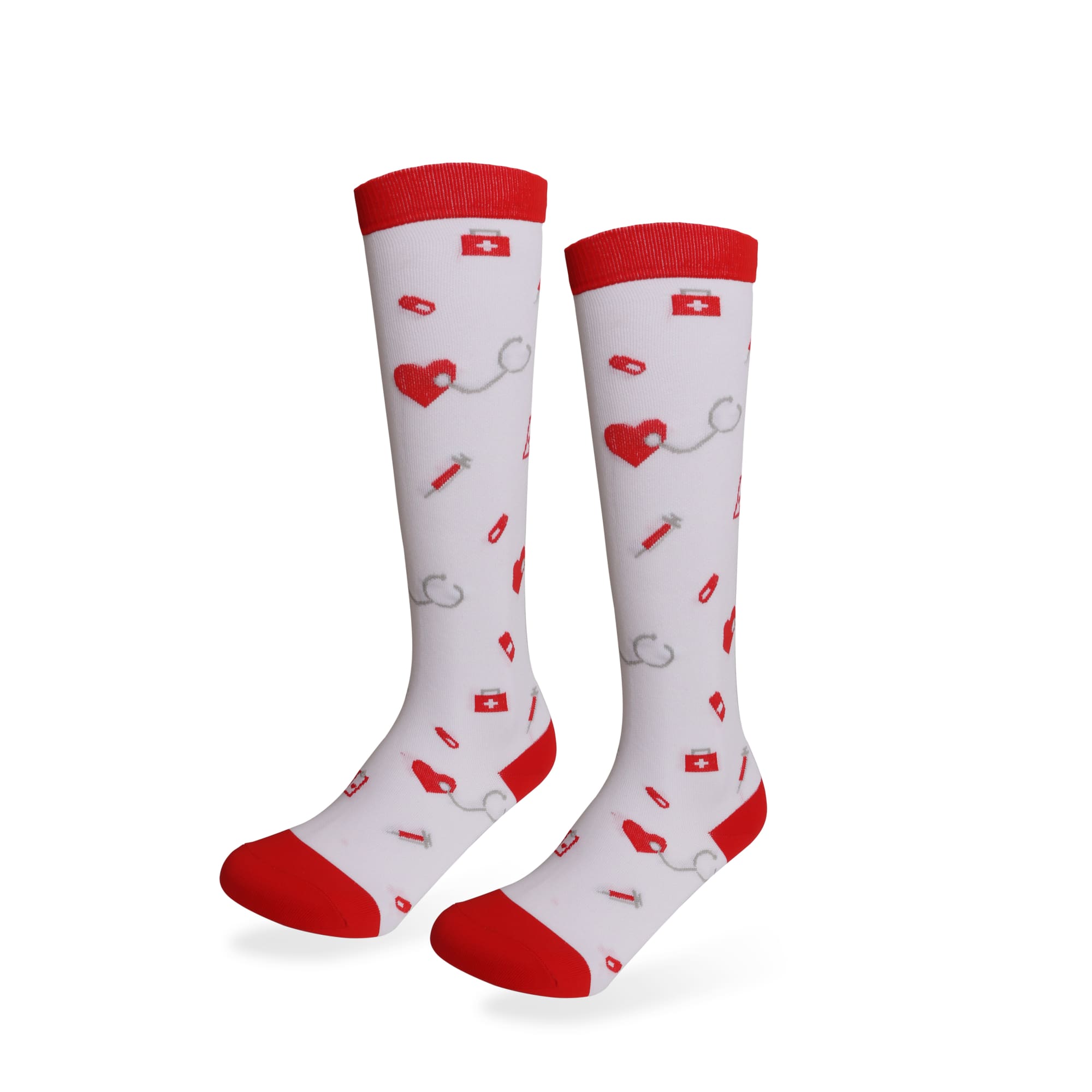 Red and white compression socks featuring a pattern of hearts, pills, and medical symbols, with a logo. Compression Socks - Image 1