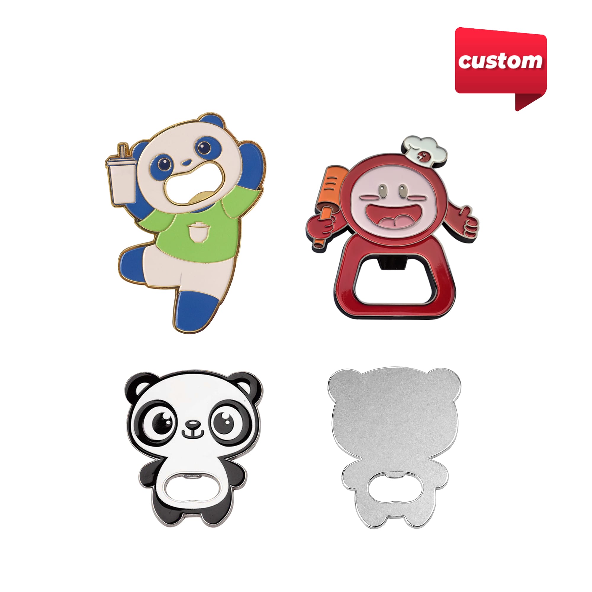 A drink bottle opener set featuring custom-shaped designs, including panda and chef motifs, in various colours with a logo. Custom shape metal bottle openers - Image 1
