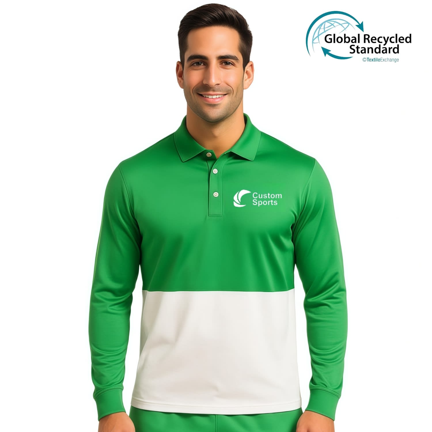 A green and white long-sleeved unisex polo shirt made from RPET milk silk with a logo on the chest. Unisex Adults RPET Milk Silk Sublimated Basic Long Sleeves POLO - Image 1