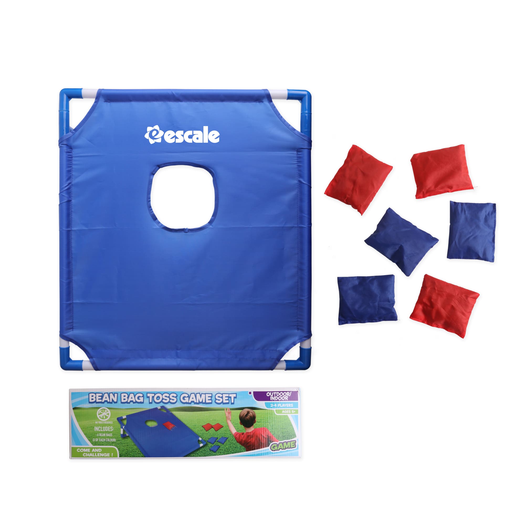 A blue and white portable cornhole game board with six bean bags in red and blue. Includes a branded logo. Portable Cornhole Game Board - Image 1