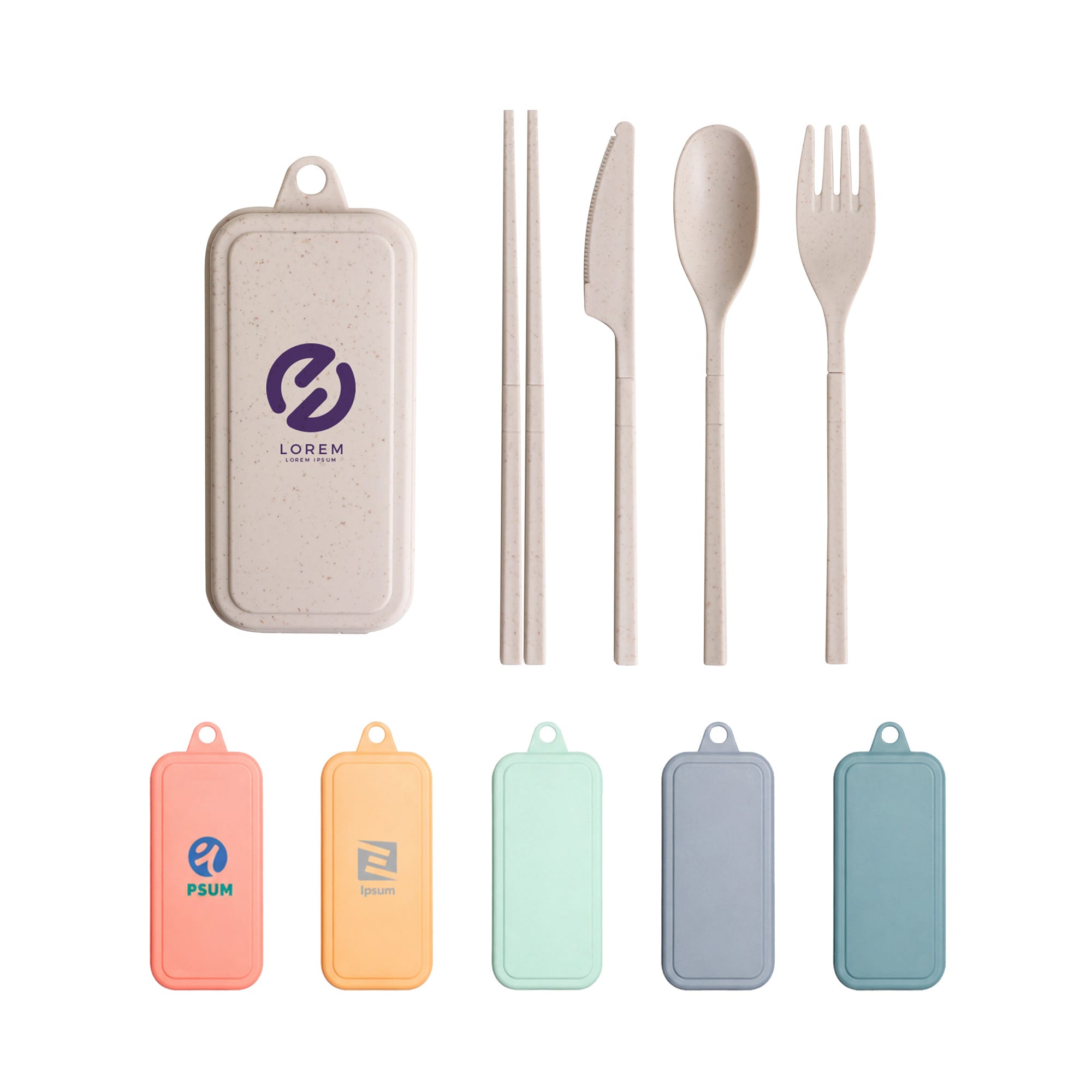 A travel utensils set featuring a case and four utensils: a fork, knife, spoon, and chopsticks in assorted pastel colours. 4 Pieces Travel Utensils Set - Image 1
