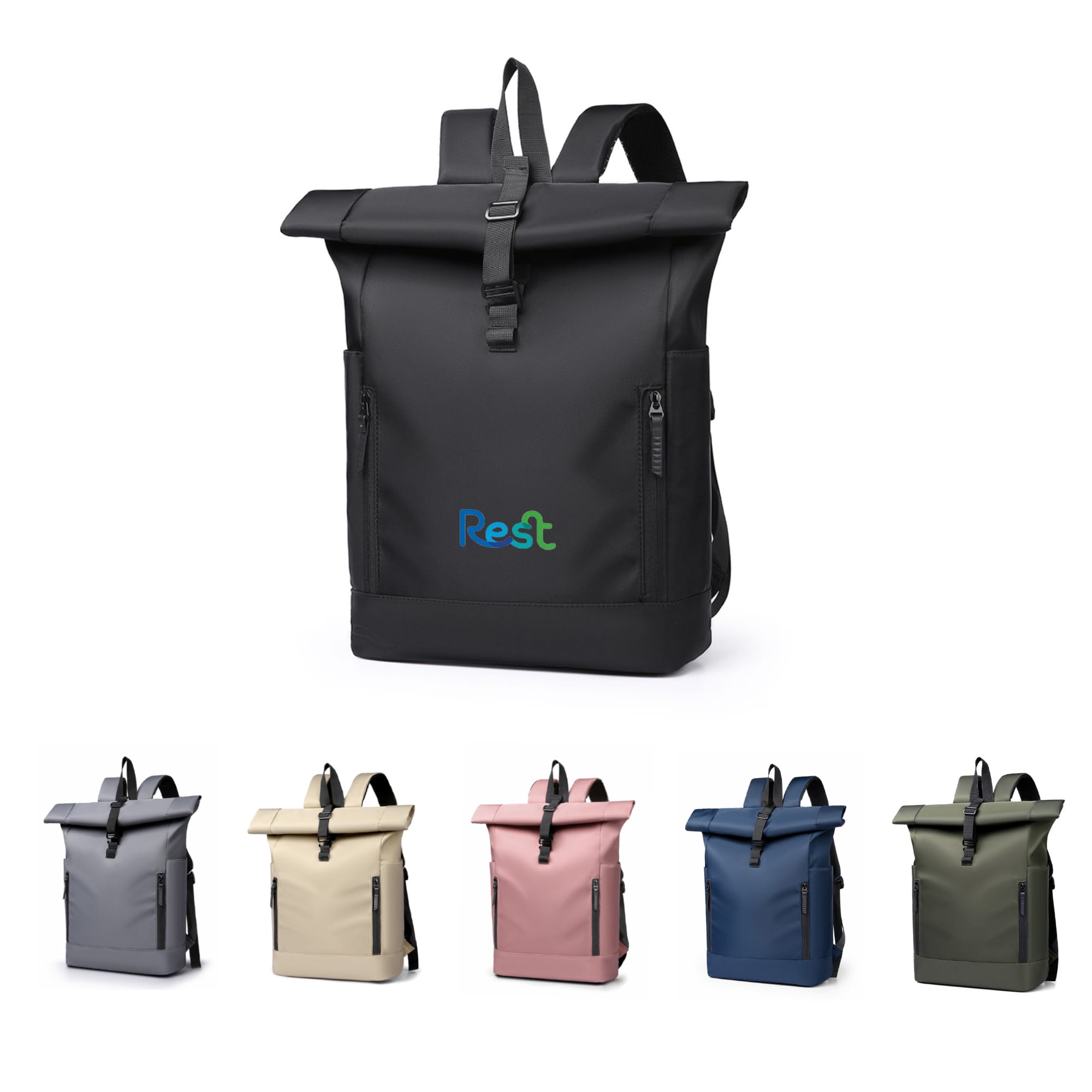A roll top laptop backpack in black with multiple colour variations below, featuring a logo on the front. Roll Top Laptop Backpack - Image 1