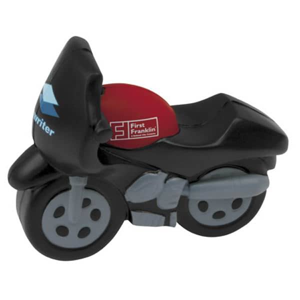 A black and grey motorbike-shaped stress reliever with a red seat and a logo on the side. Motobike Shape Stress Reliever - Image 1